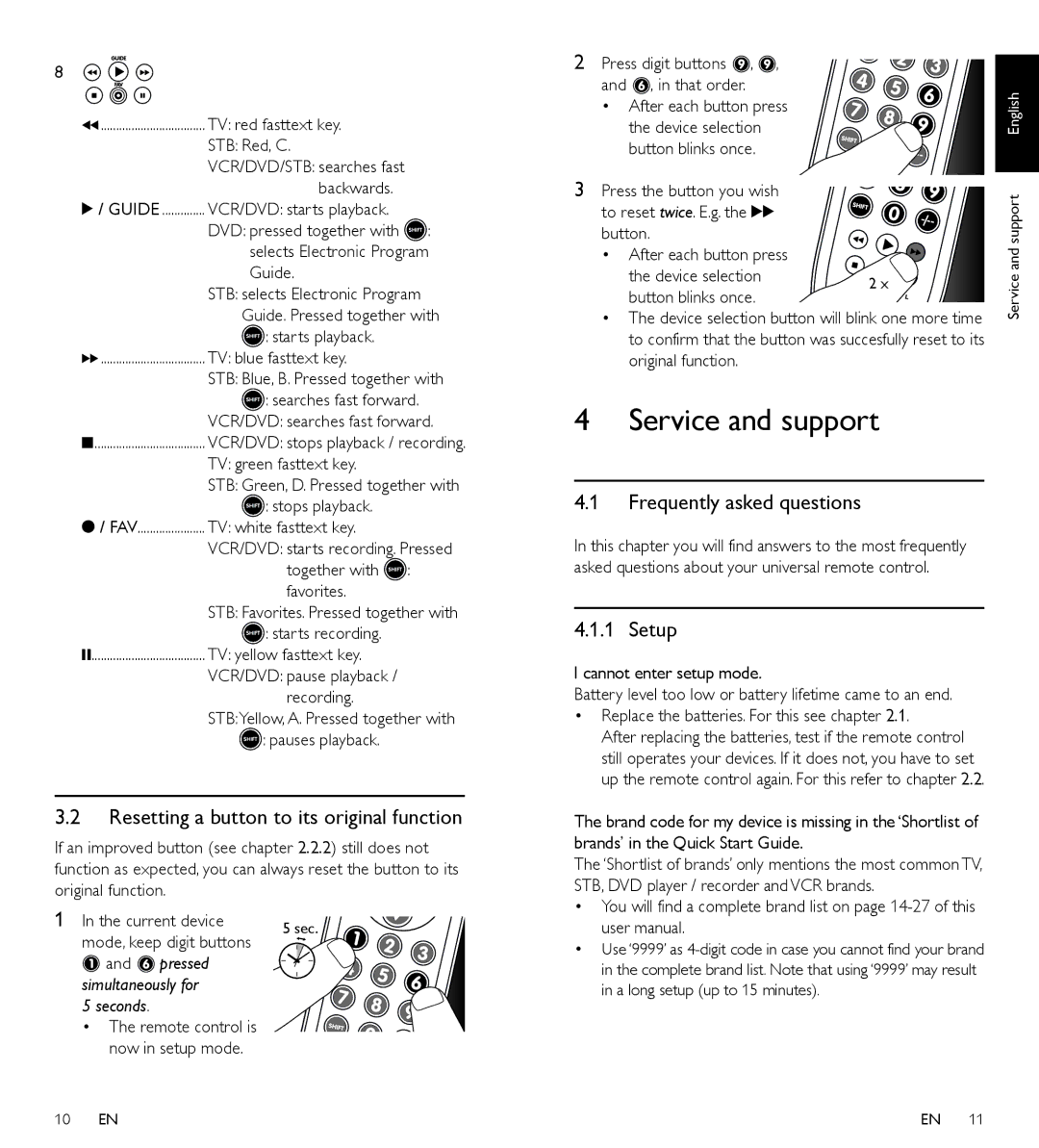 Philips SRP3004/53 Service and support, Resetting a button to its original function, Frequently asked questions, Setup 