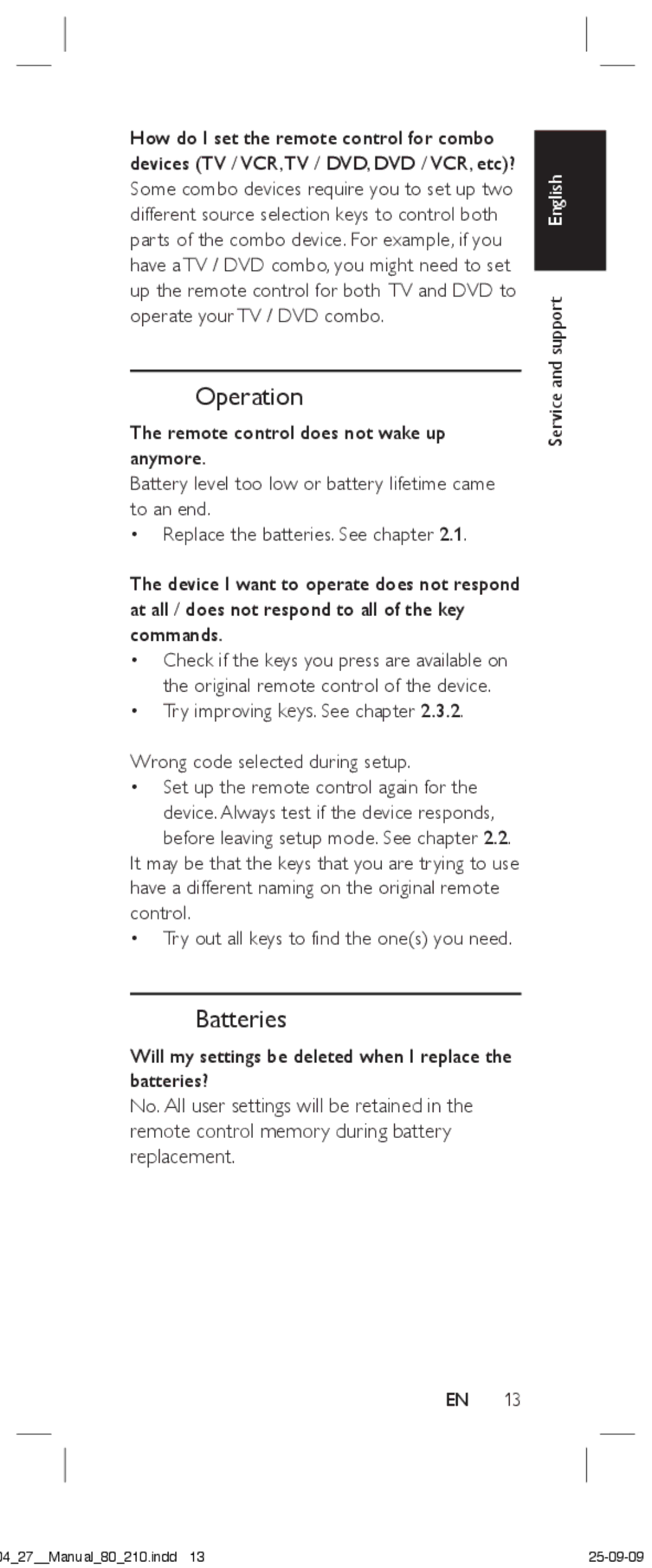 Philips SRP4004/27 manual Operation, Batteries 