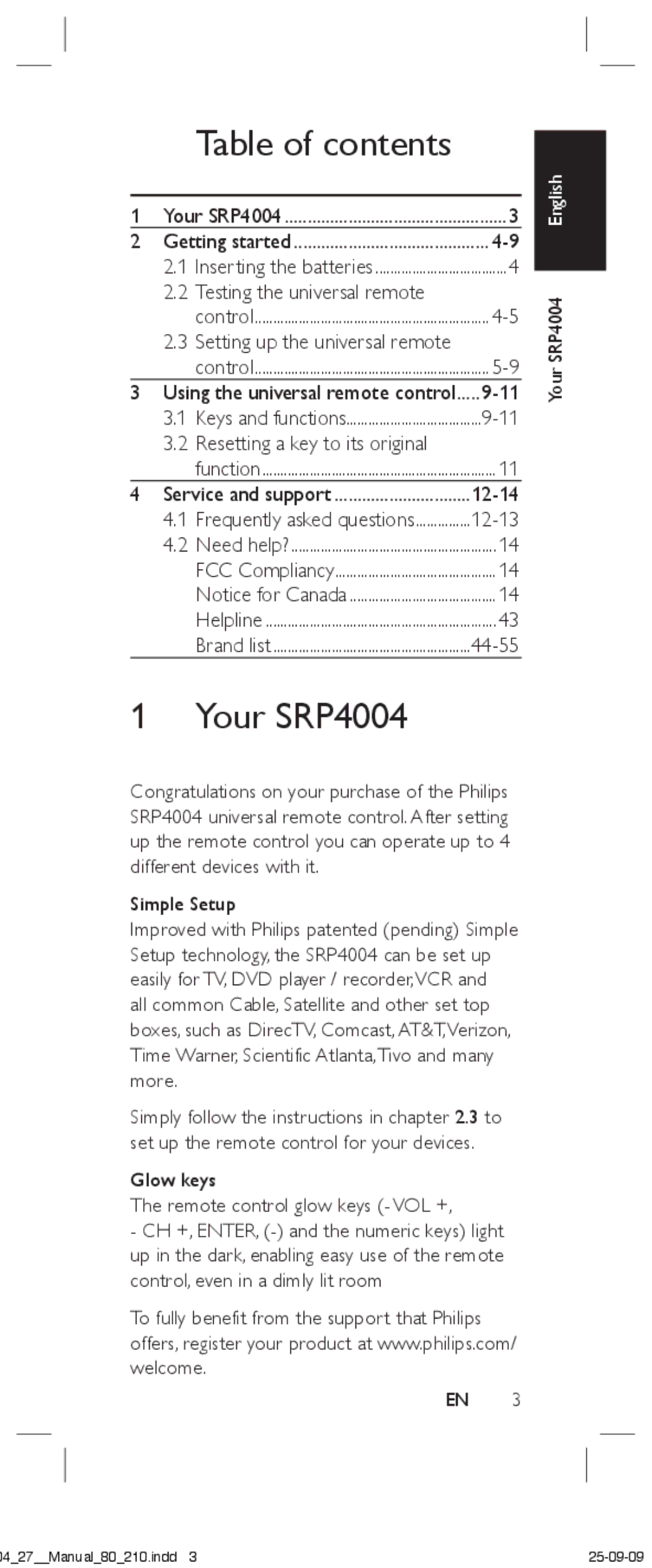 Philips SRP4004/27 manual Table of contents 