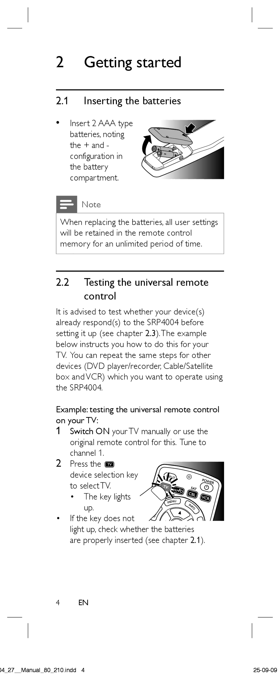 Philips SRP4004/27 manual Inserting the batteries, Testing the universal remote control, Insert 2 AAA type 