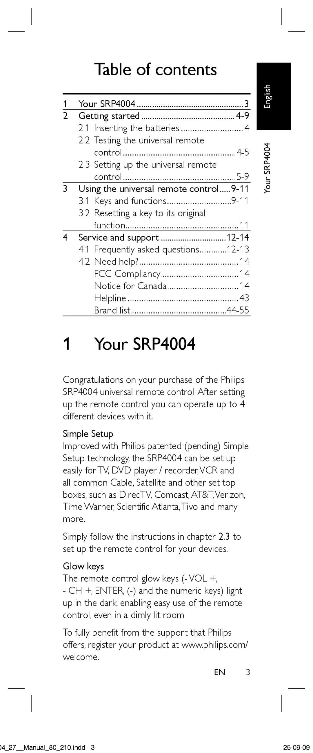 Philips SRP4004/27 manual Table of contents, 1Your SRP4004 