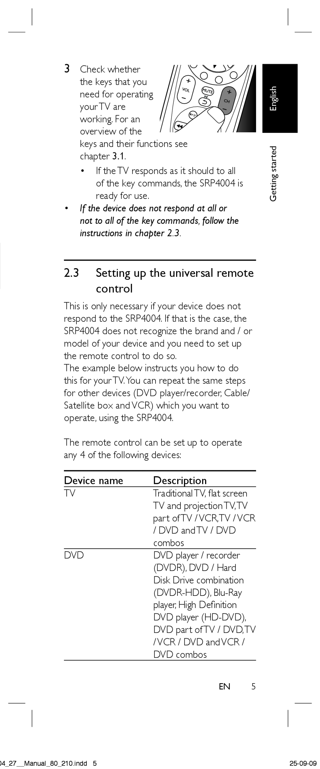 Philips SRP4004/27 manual 2.3Setting up the universal remote control, Device name, Description 