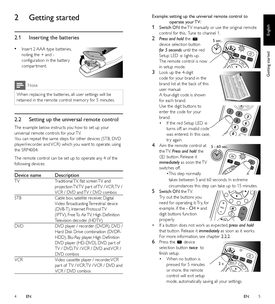 Philips SRP4004/86 manual Getting started, Inserting the batteries, Setting up the universal remote control 