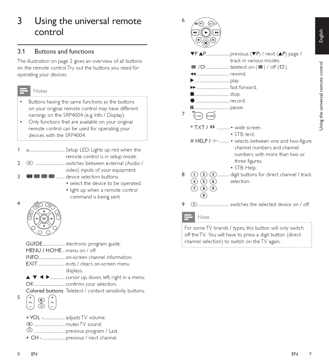 Philips SRP4004/86 manual Using the universal remote control, Buttons and functions 