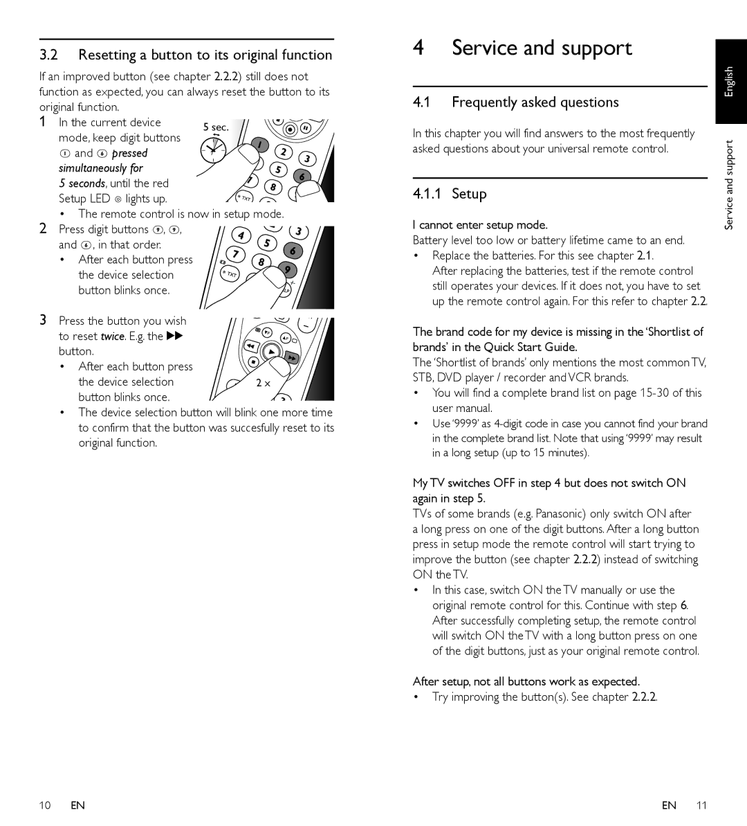 Philips SRP4004/86 Service and support, Resetting a button to its original function, Frequently asked questions, Setup 