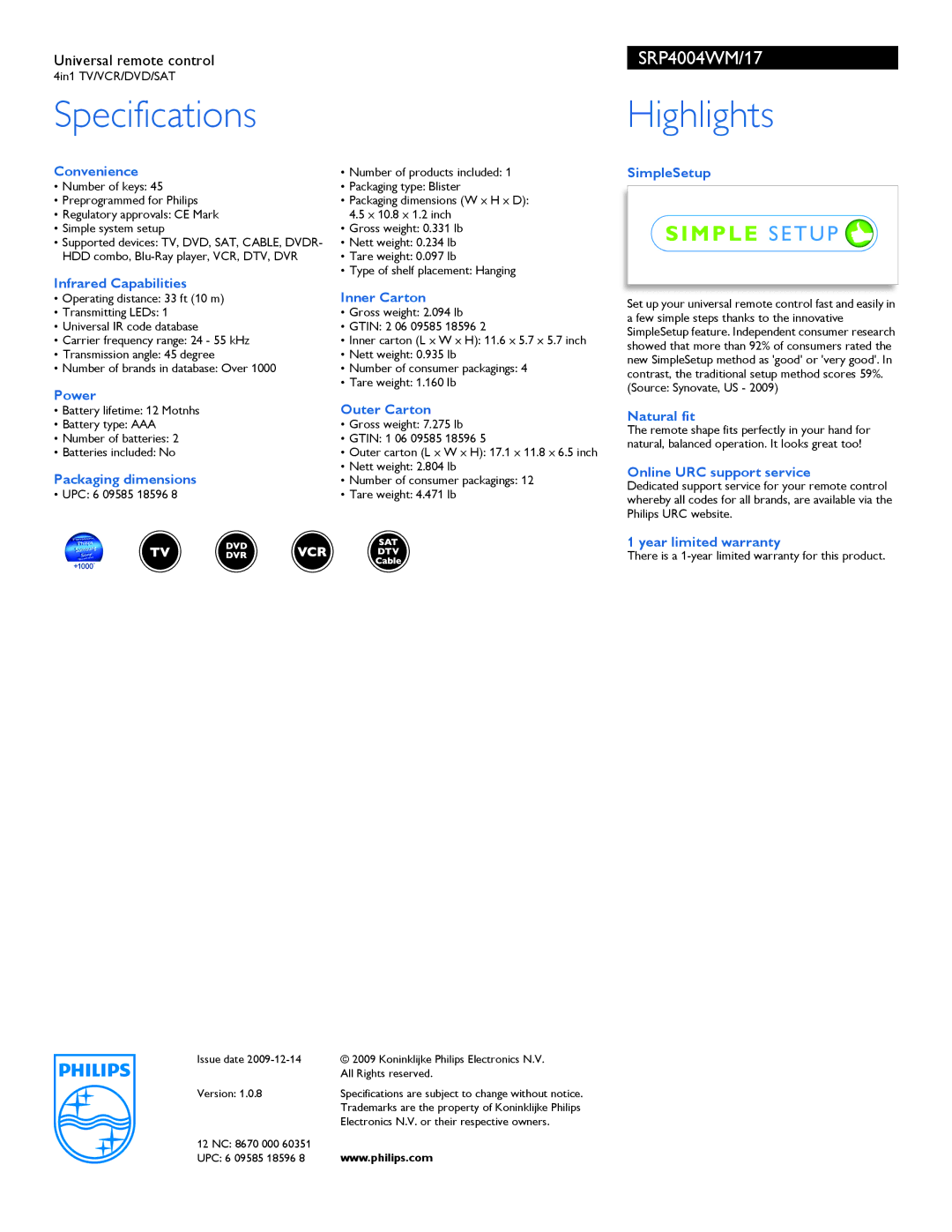 Philips SRP4004WM/17 warranty Convenience, Infrared Capabilities, Power, Packaging dimensions, Inner Carton, Outer Carton 