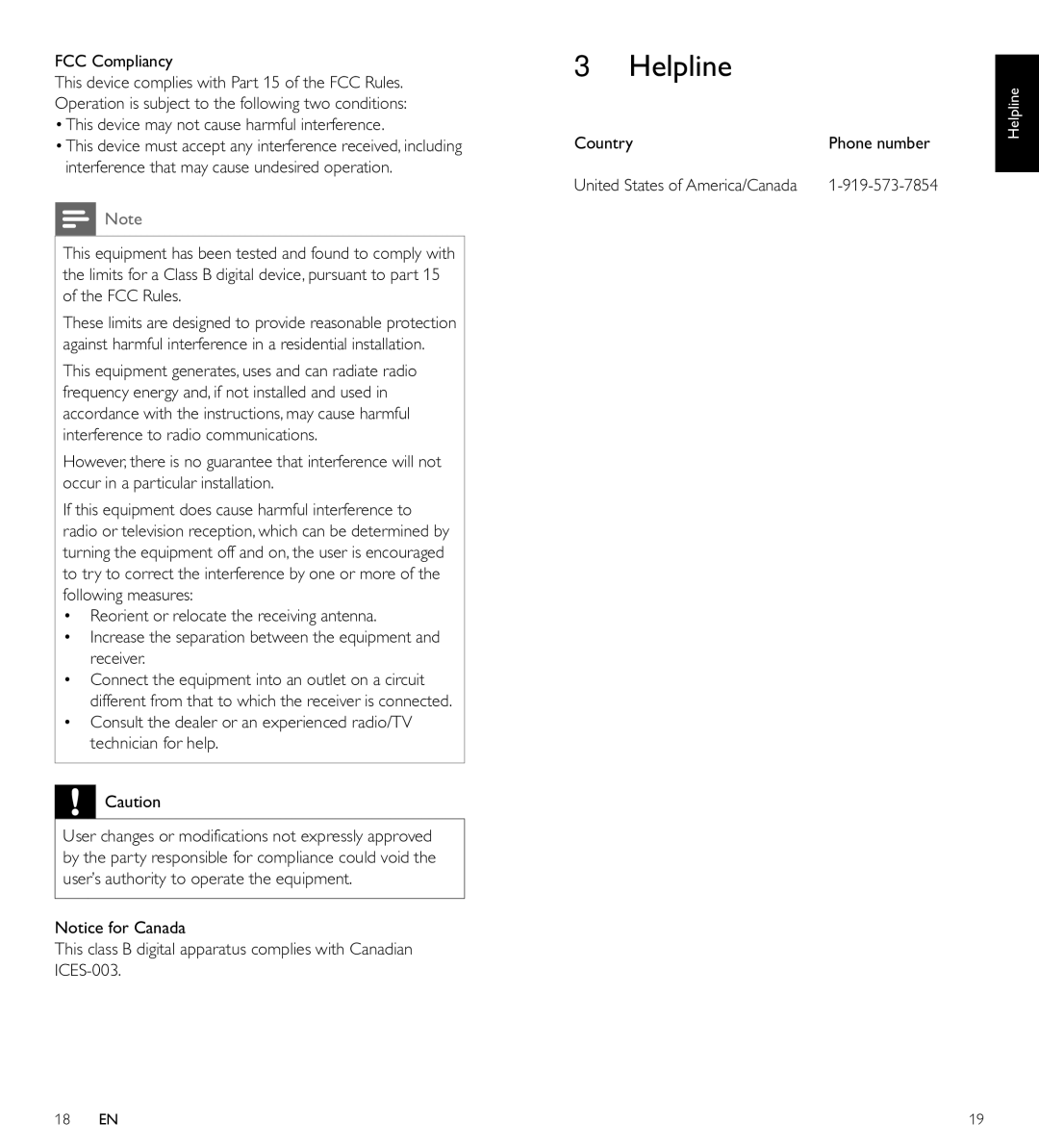 Philips SRP5107/27 manual Helpline, FCC Compliancy, This device may not cause harmful interference, Country 