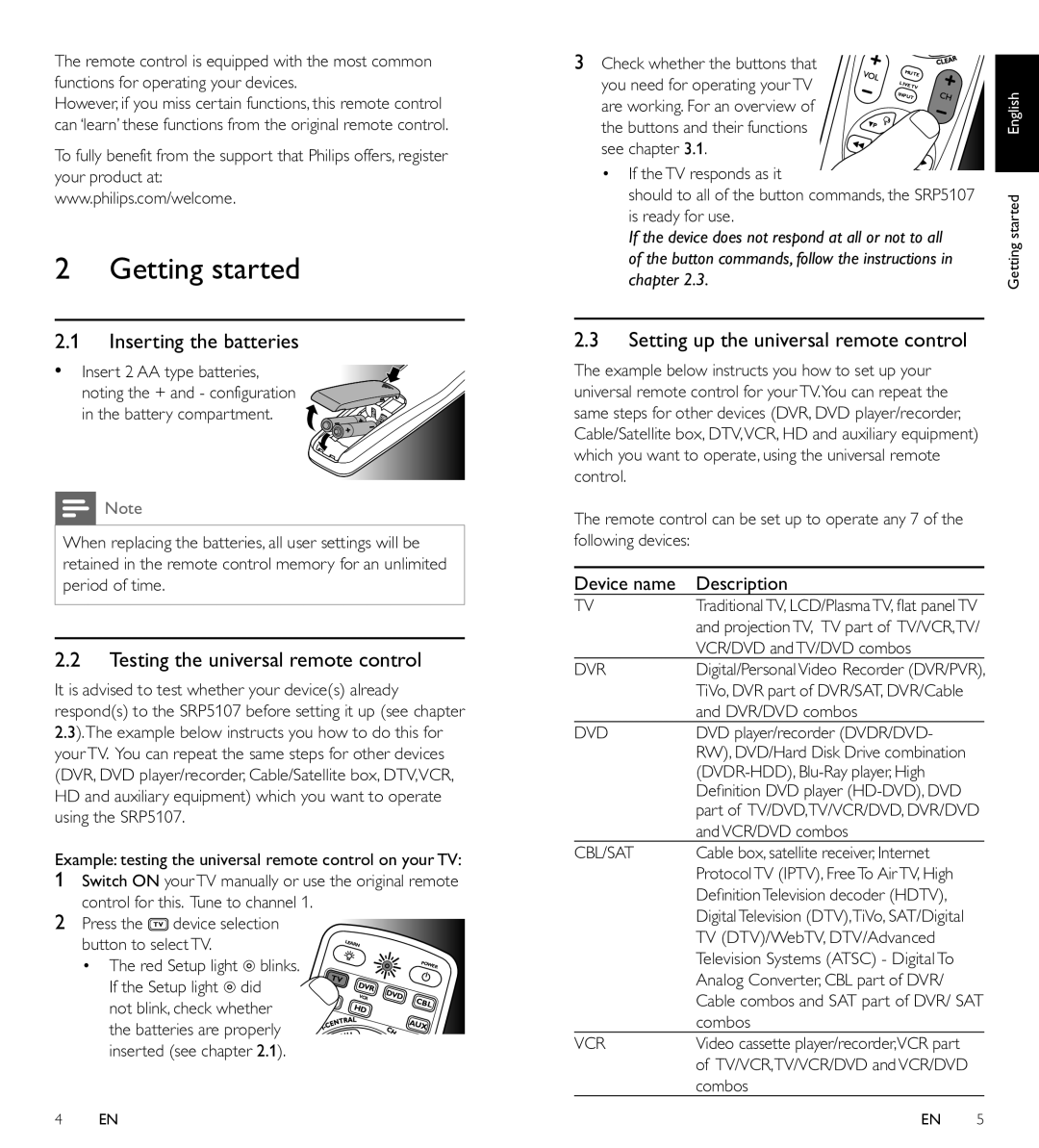 Philips SRP5107/27 manual Getting started, Inserting the batteries, Testing the universal remote control 