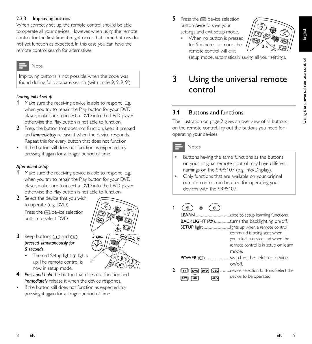 Philips SRP5107/27 manual Using the universal remote control, Buttons and functions, Mode, On/off 