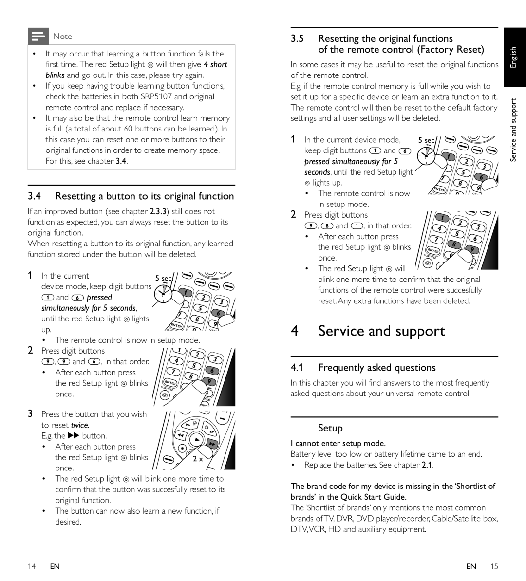 Philips SRP5107/27 Service and support, Resetting a button to its original function, Frequently asked questions, Setup 