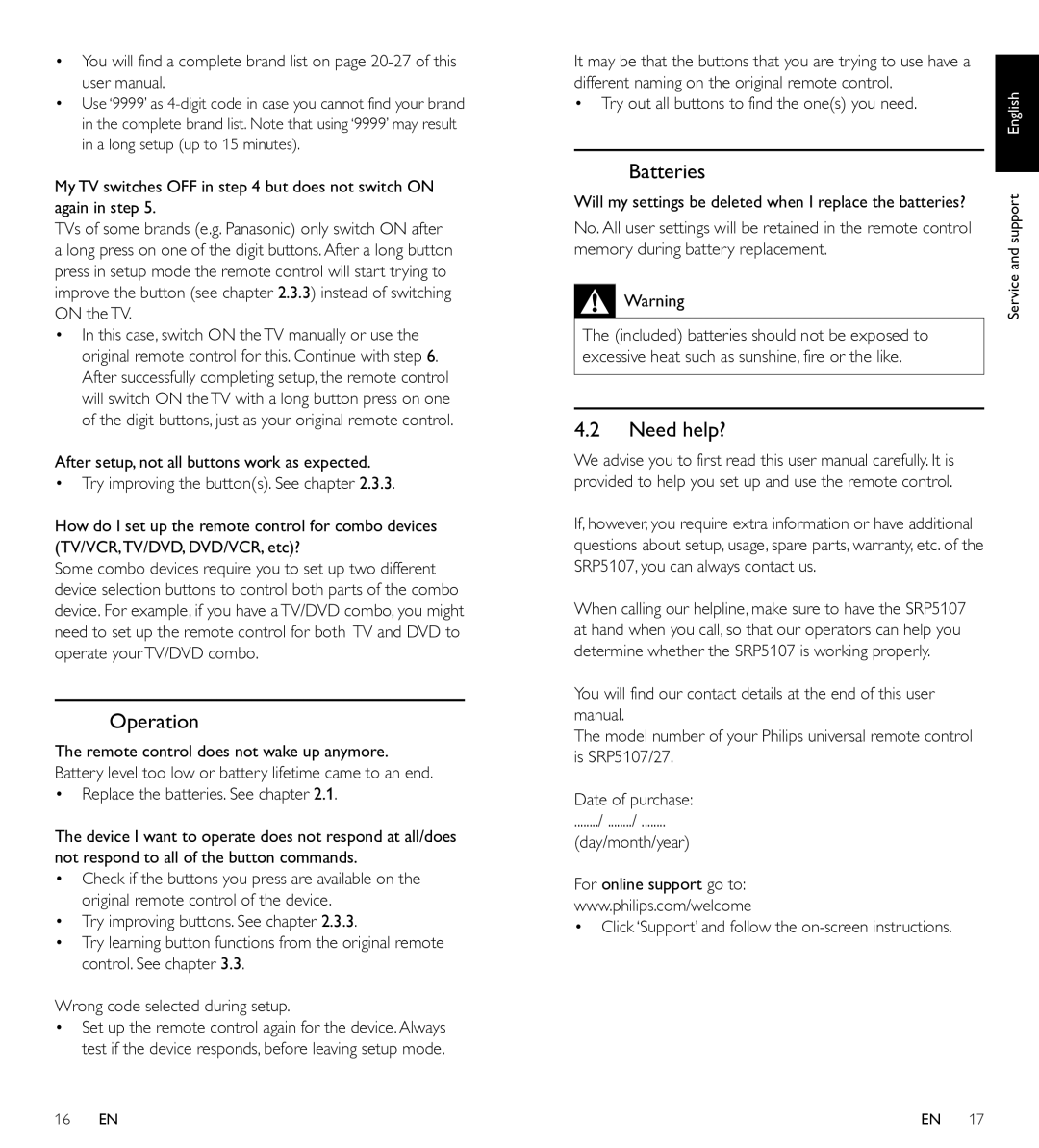 Philips SRP5107/27 manual Operation, Batteries, Need help? 