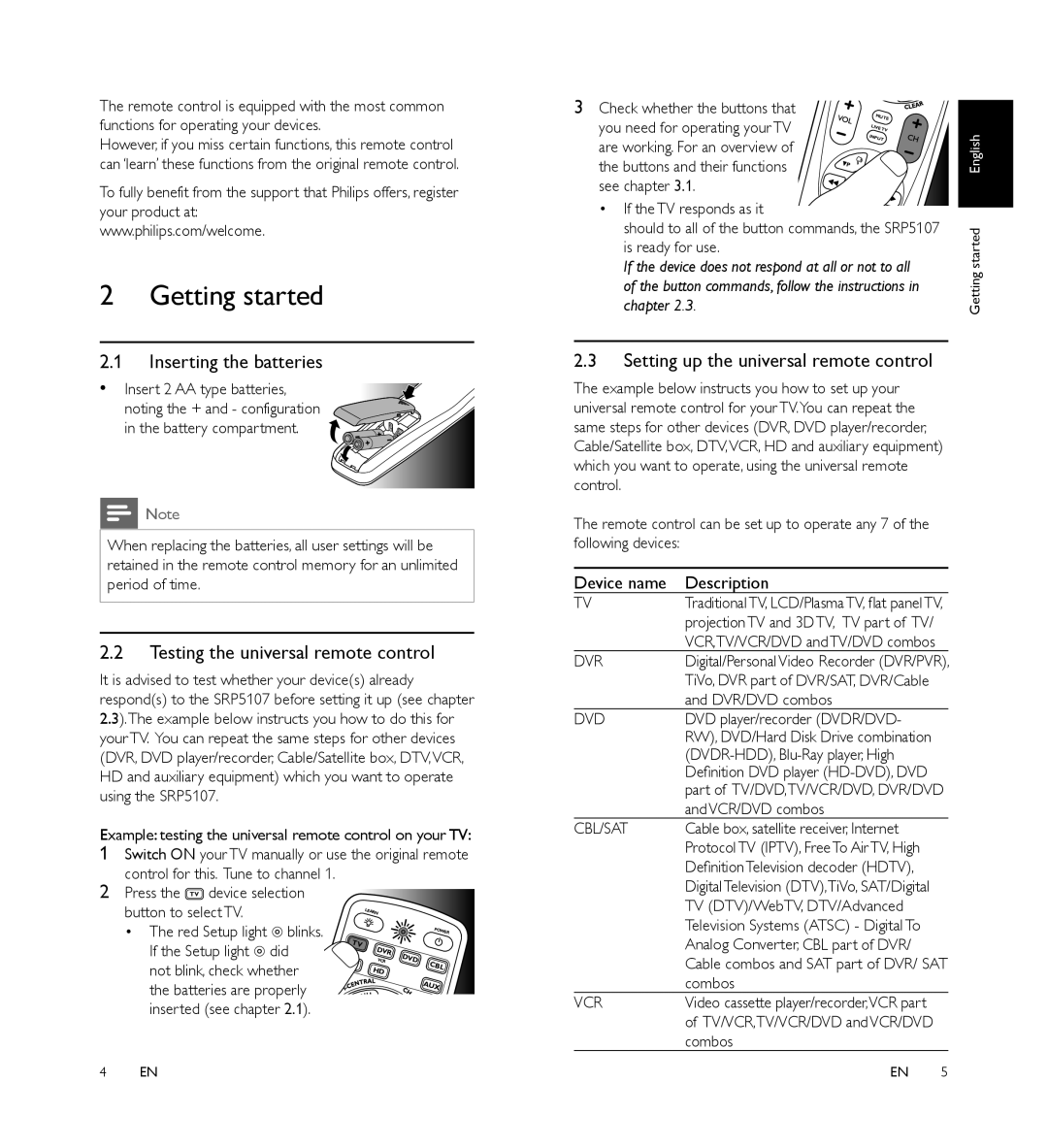 Philips SRP5107/27 manual Getting started, Inserting the batteries, Testing the universal remote control 