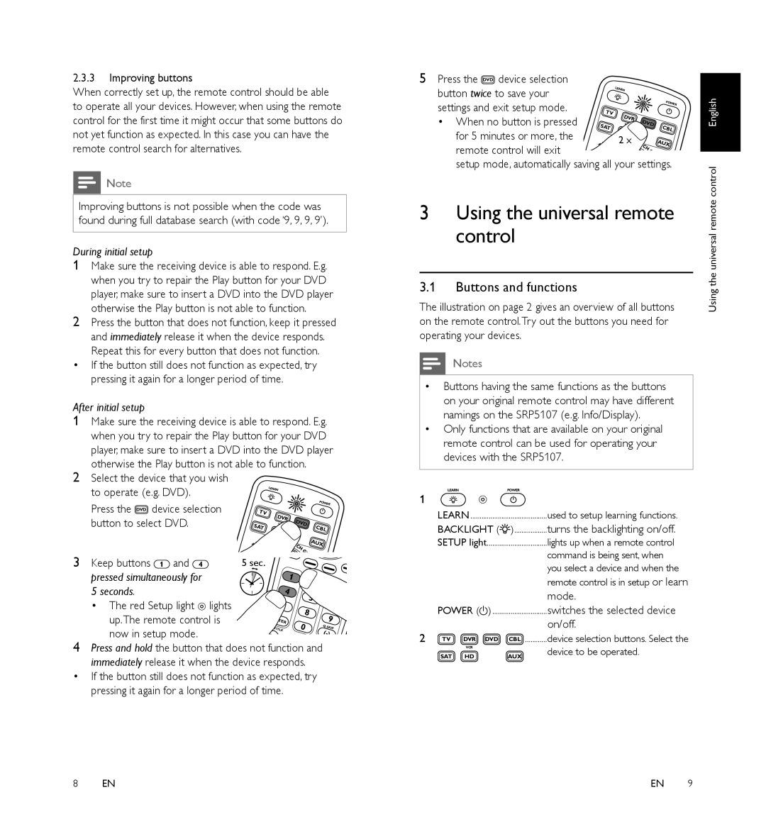 Philips SRP5107/27 manual Using the universal remote control, Buttons and functions, Mode, On/off 