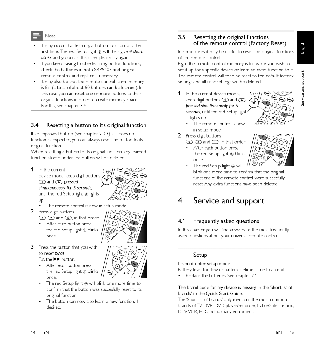 Philips SRP5107/27 Service and support, Resetting a button to its original function, Frequently asked questions, Setup 