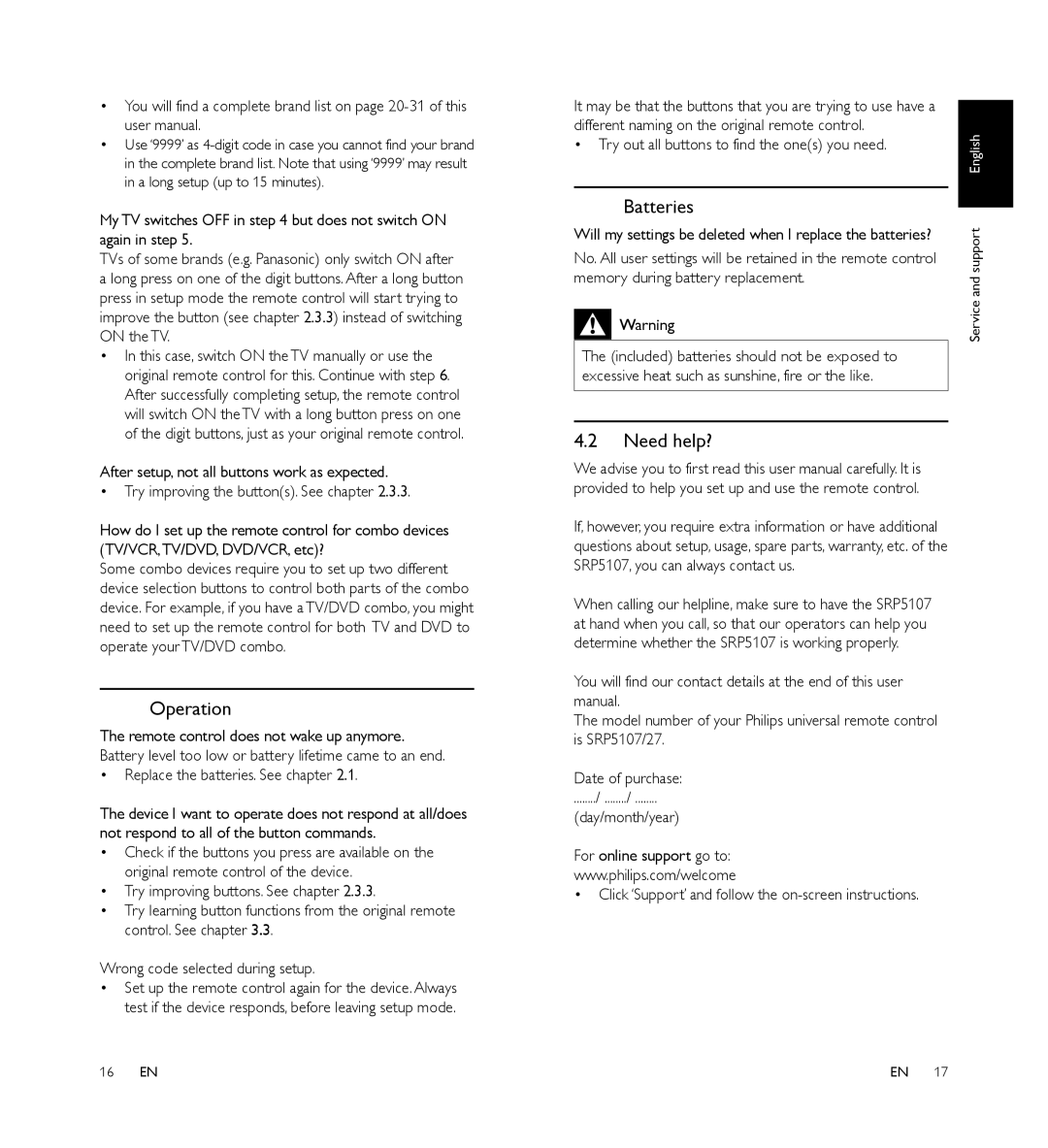 Philips SRP5107/27 manual Operation, Batteries, Need help? 