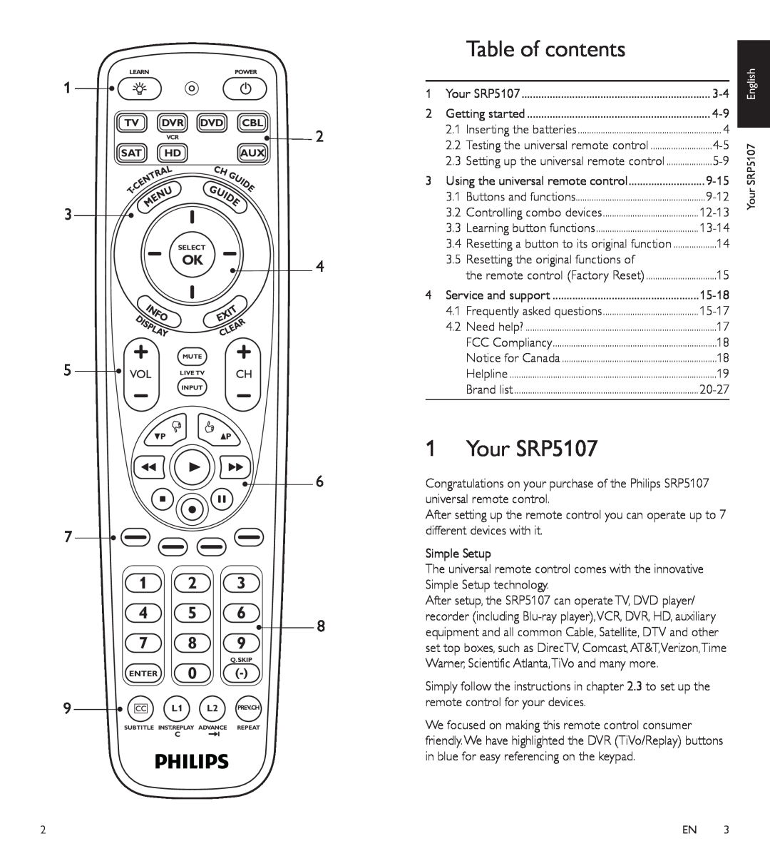 Philips SRP5107/27 manual Table of contents, Your SRP5107 