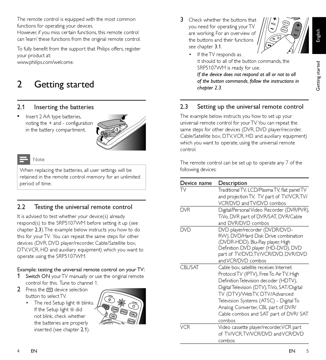 Philips SRP5107WM/17 manual Getting started, Inserting the batteries, Testing the universal remote control 