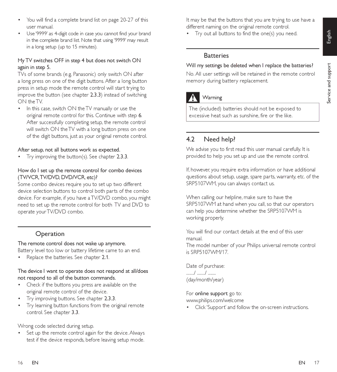 Philips SRP5107WM/17 manual Operation, Batteries, Need help? 