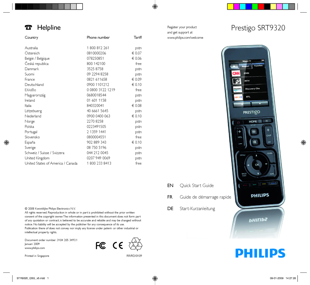 Philips quick start Helpline, Prestigo SRT9320, 800 233 Free, Koninklijke Philips Electronics N.V 