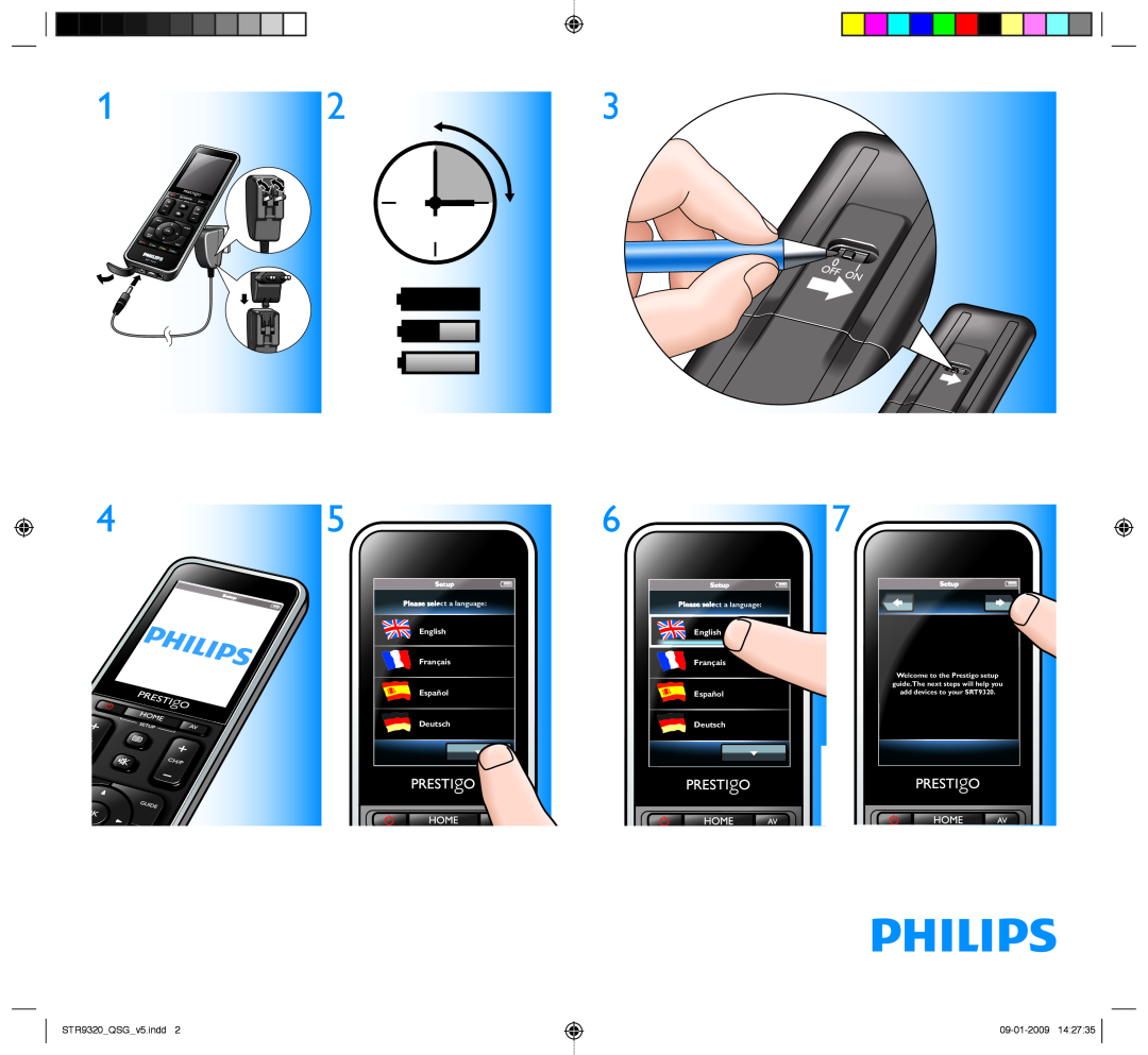 Philips SRT9320 STR9320QSGv5.indd, 09-01-2009, English, Français, Español, Deutsch, Setup, Please select a language 