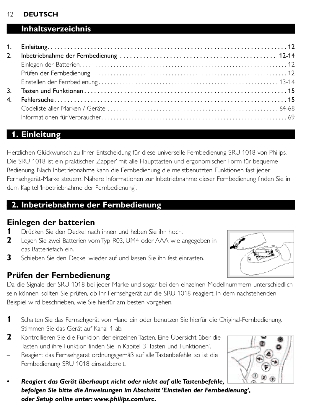 Philips SRU 1018 manual Inhaltsverzeichnis, Einleitung, Inbetriebnahme der Fernbedienung, Einlegen der batterien 