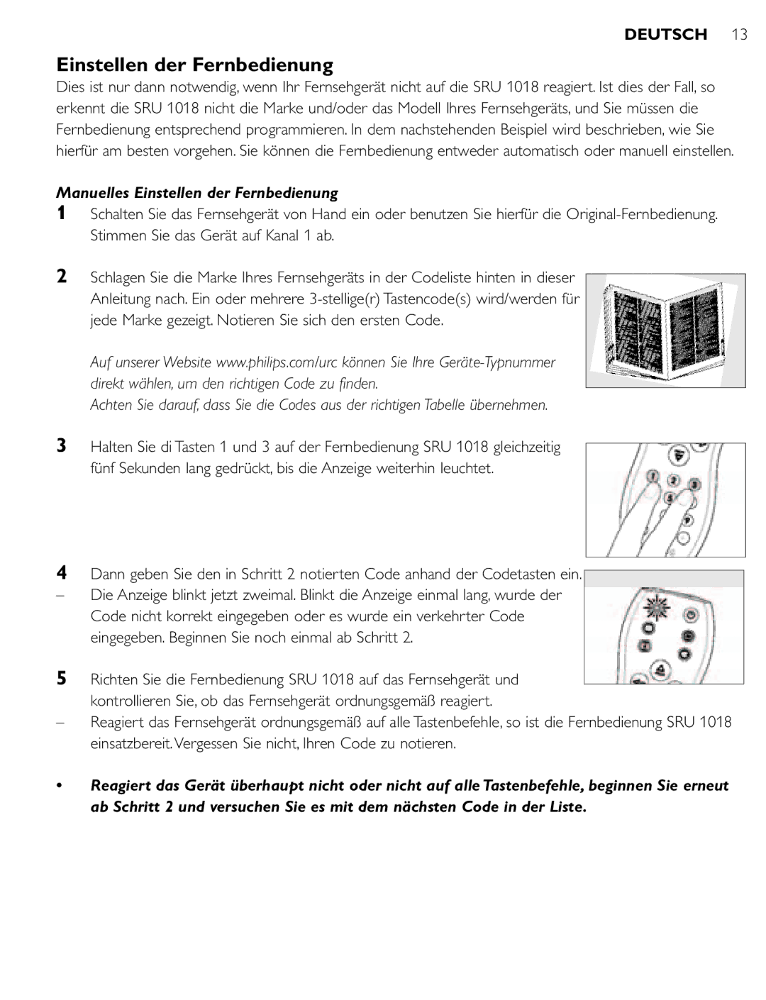 Philips SRU 1018 manual Manuelles Einstellen der Fernbedienung 