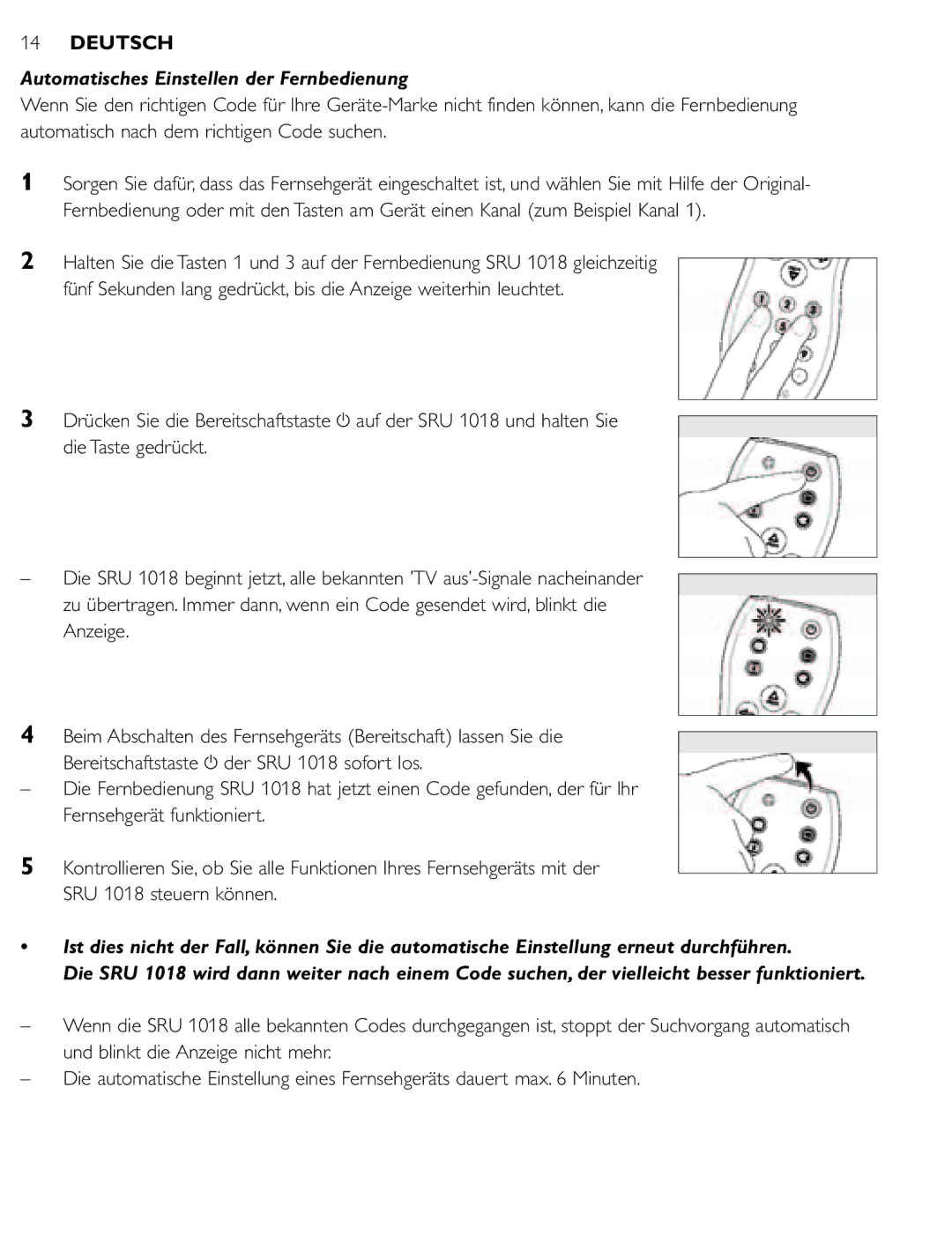 Philips SRU 1018 manual Automatisches Einstellen der Fernbedienung 