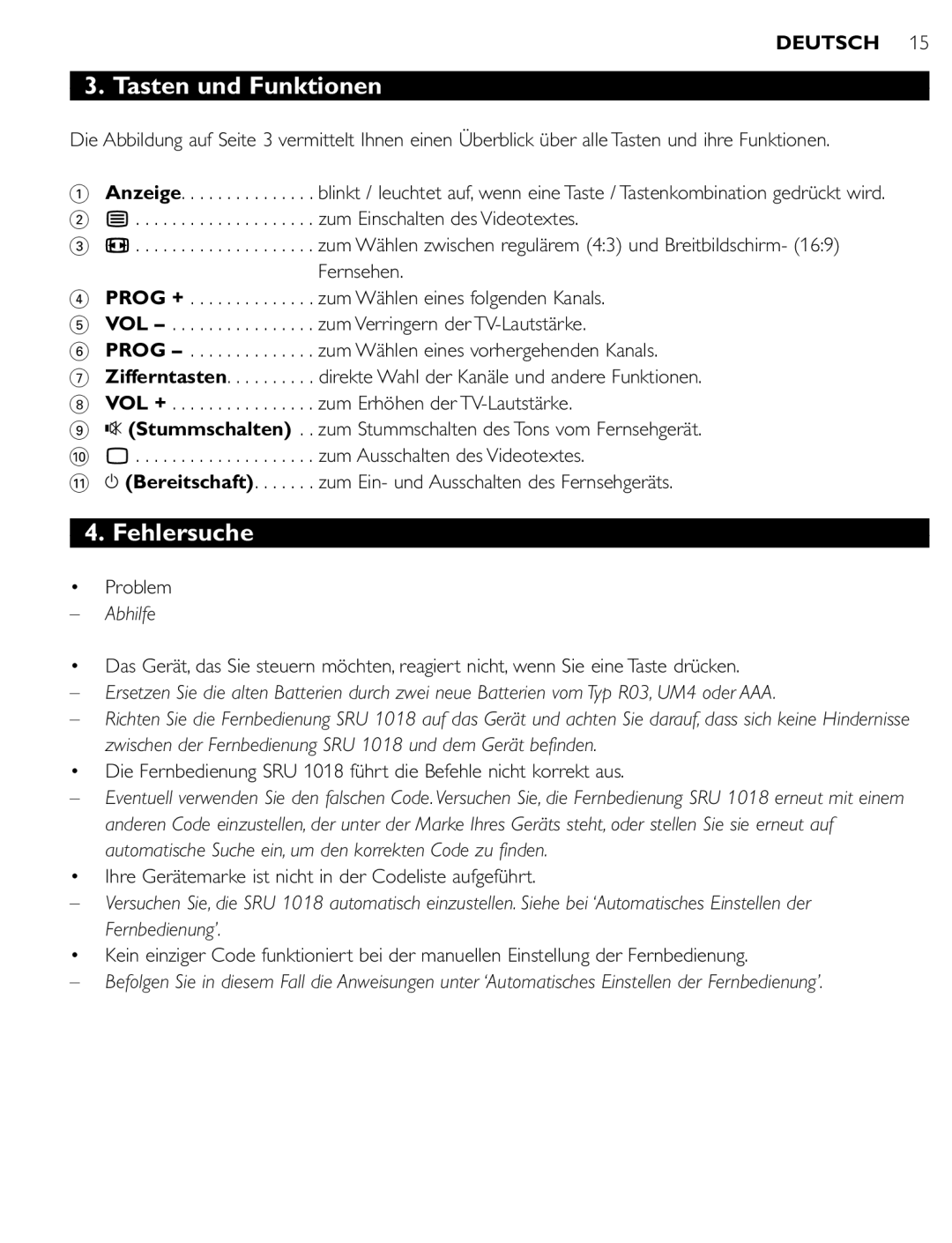 Philips SRU 1018 manual Tasten und Funktionen, Fehlersuche, Abhilfe, Fernbedienung’ 