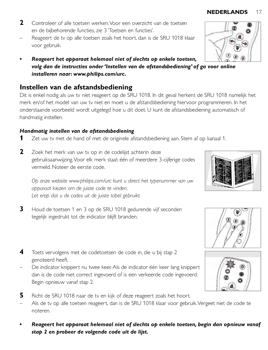 Philips SRU 1018 manual Instellen van de afstandsbediening, Handmatig instellen van de afstandsbediening 