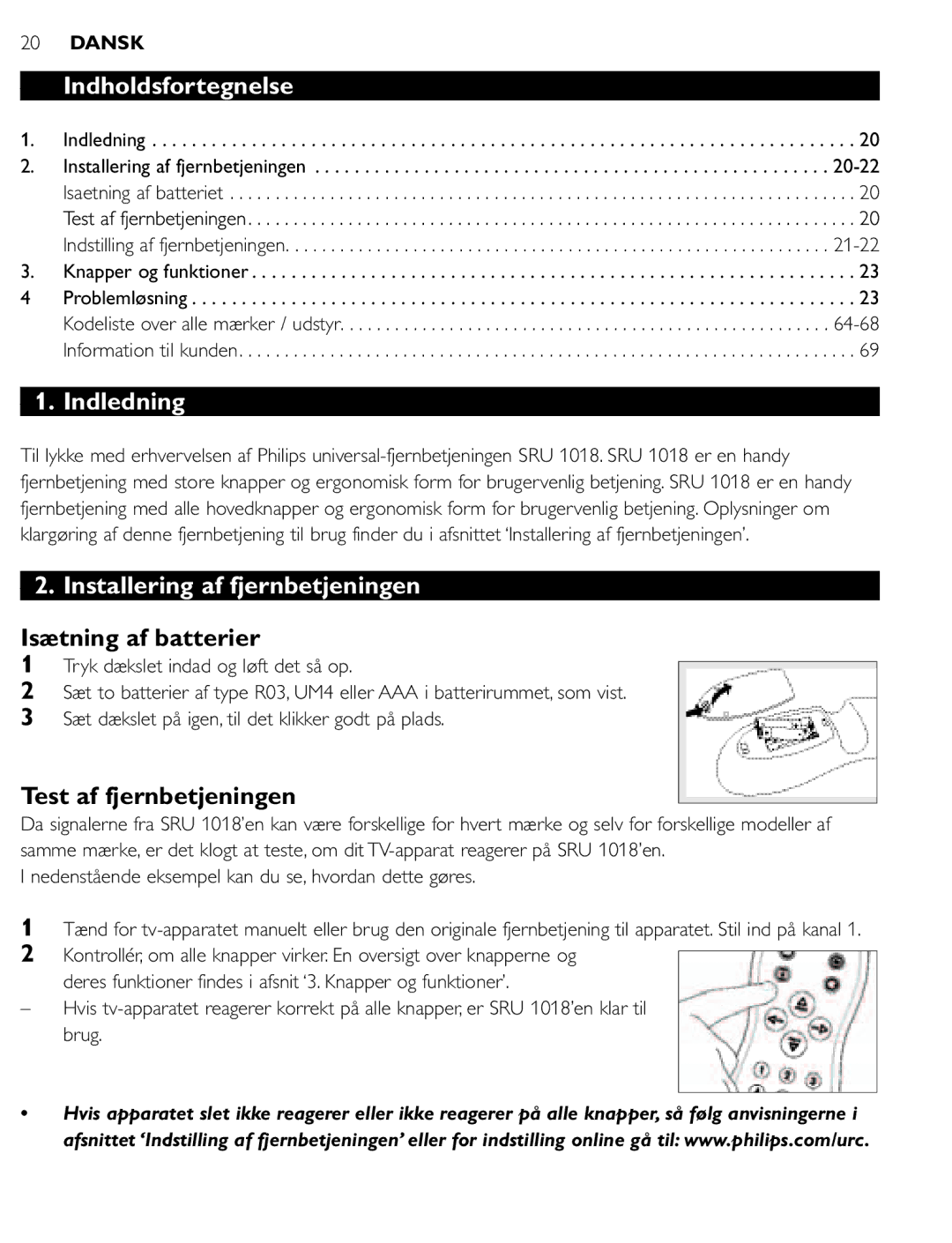 Philips SRU 1018 manual Indholdsfortegnelse, Indledning, Installering af fjernbetjeningen, Isætning af batterier 