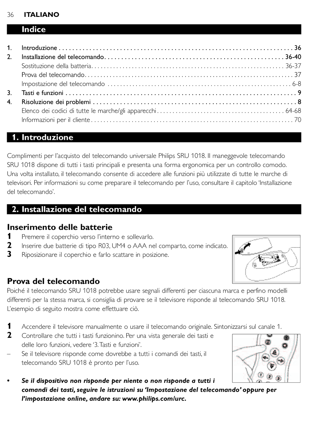 Philips SRU 1018 Indice, Introduzione, Installazione del telecomando, Inserimento delle batterie, Prova del telecomando 