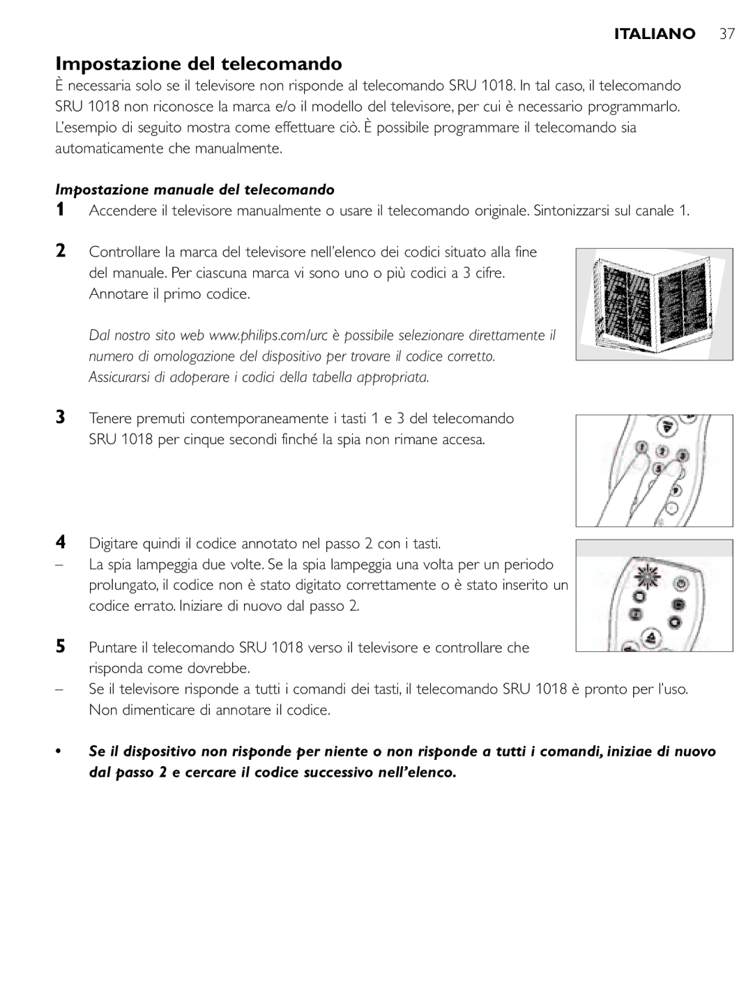 Philips SRU 1018 Impostazione del telecomando, Impostazione manuale del telecomando 