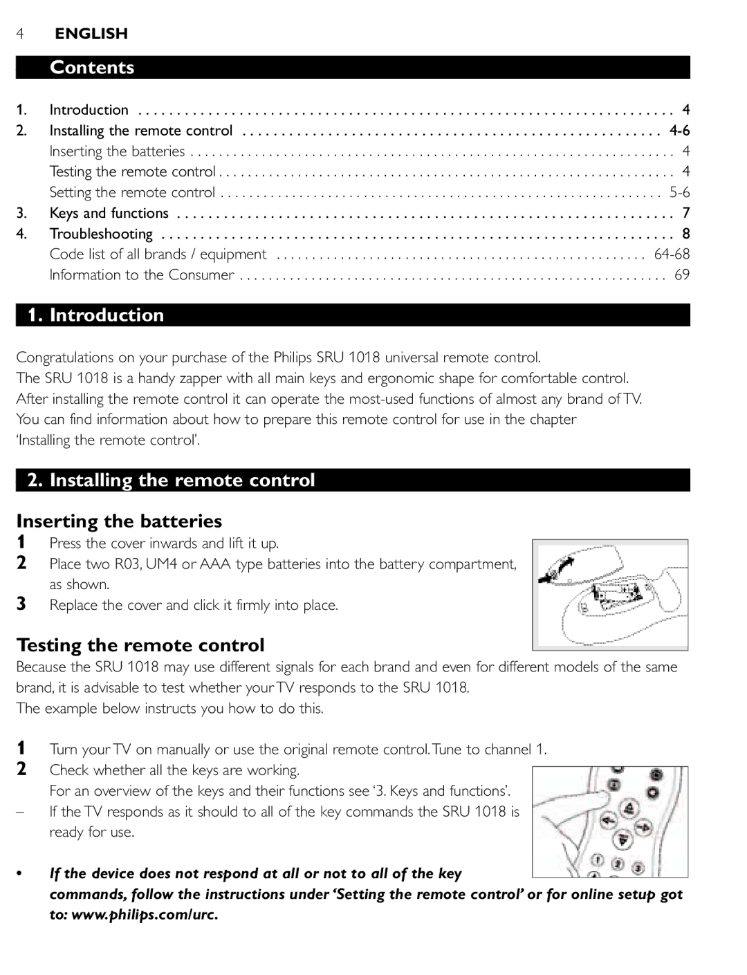 Philips SRU 1018 manual Contents, Introduction, Installing the remote control 