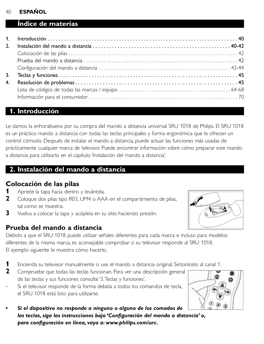 Philips SRU 1018 manual Índice de materias, Introducción, Instalación del mando a distancia, Colocación de las pilas 