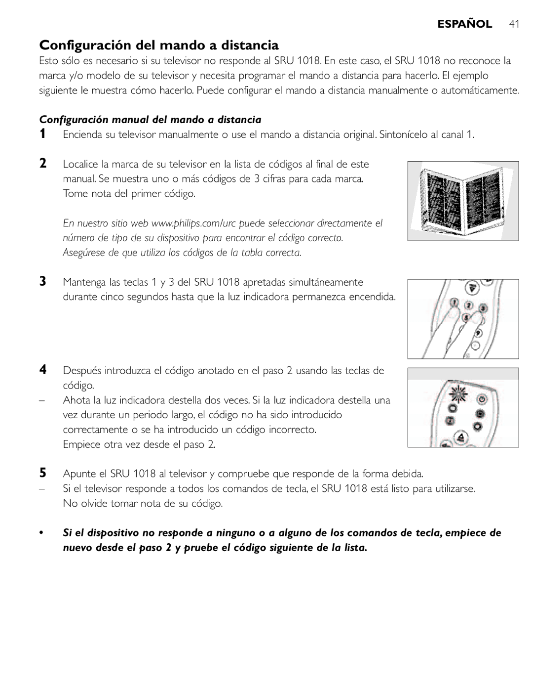 Philips SRU 1018 Configuración del mando a distancia, Configuración manual del mando a distancia 