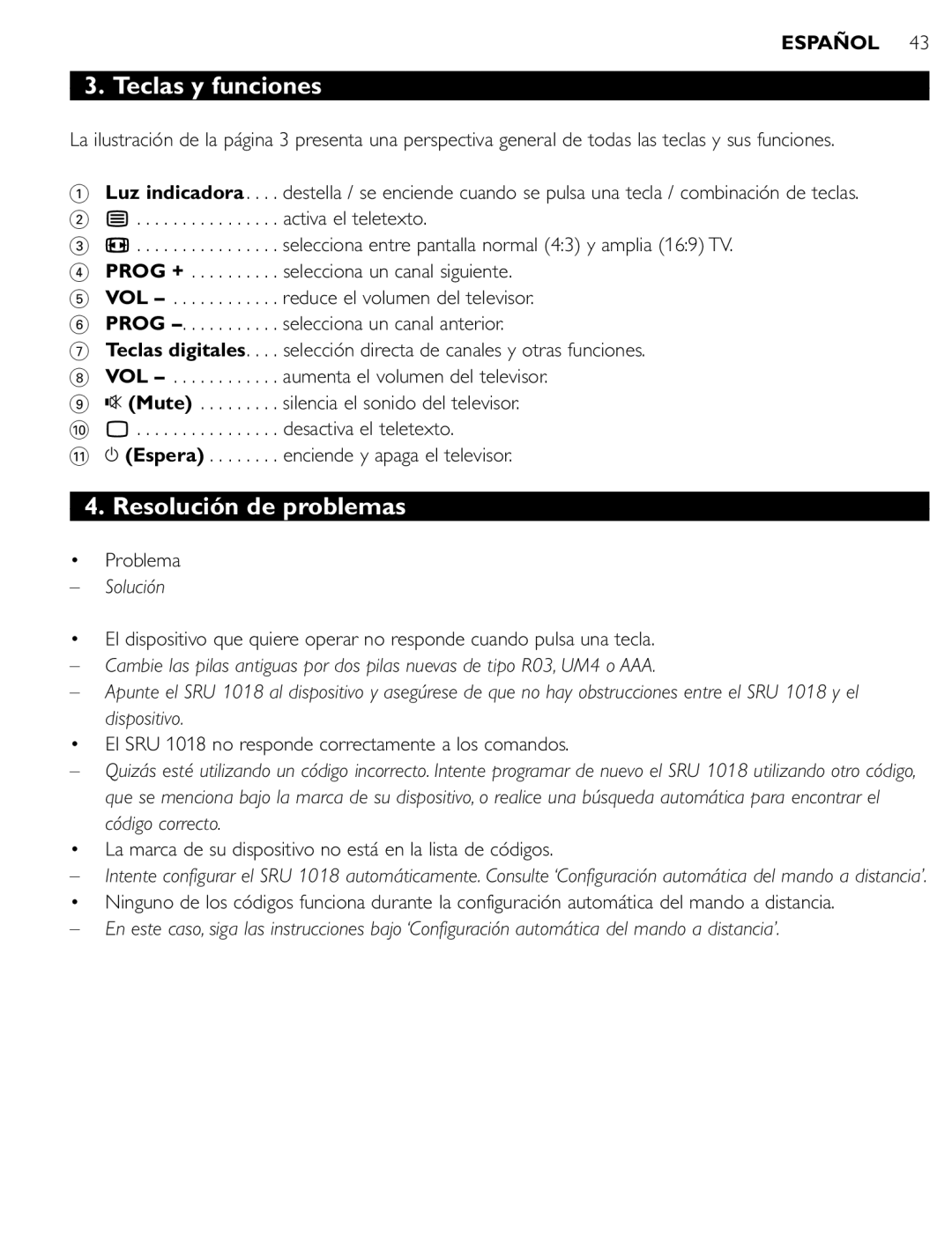 Philips SRU 1018 manual Teclas y funciones, Resolución de problemas, Solución 