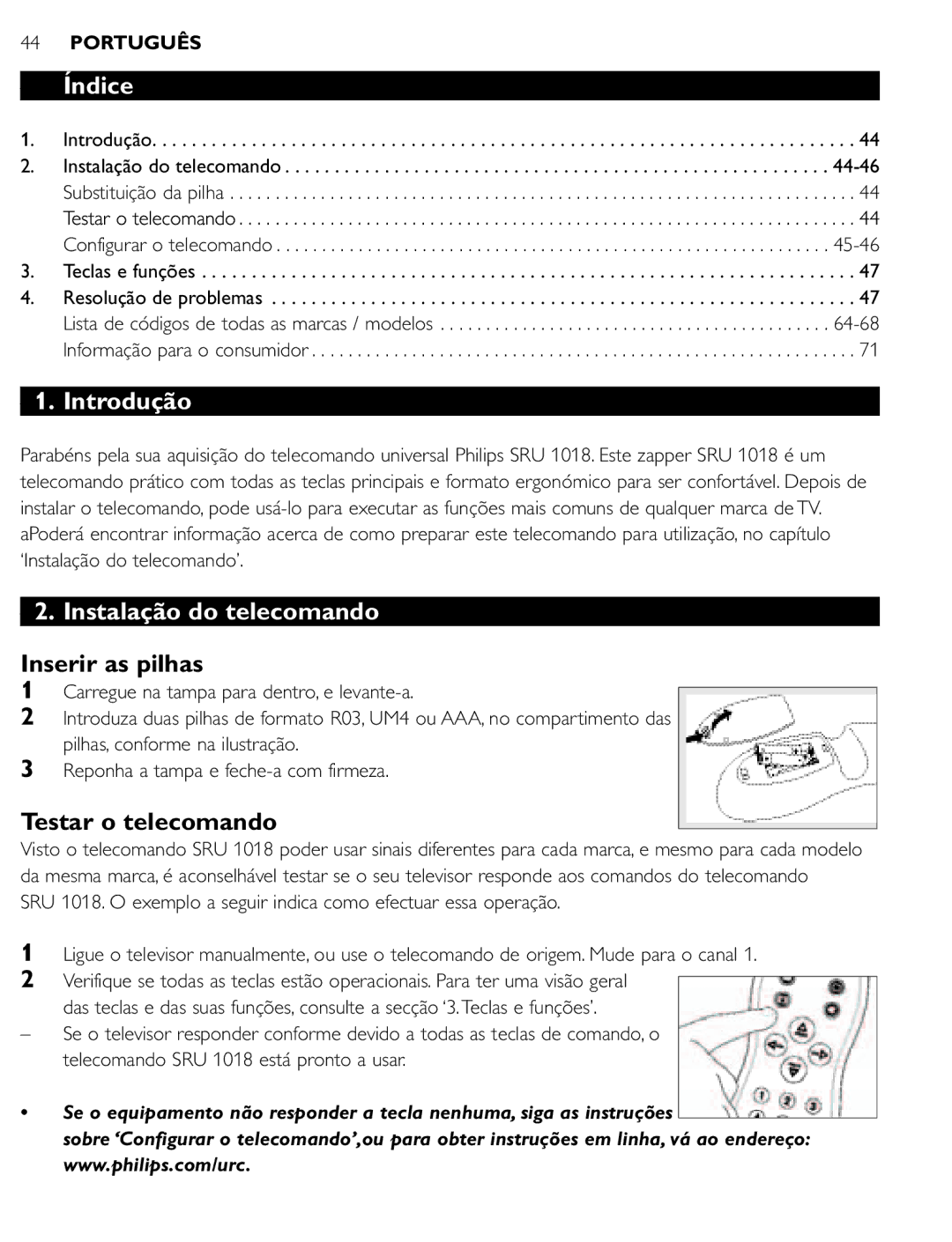 Philips SRU 1018 manual Índice, Introdução, Instalação do telecomando, Inserir as pilhas, Testar o telecomando 