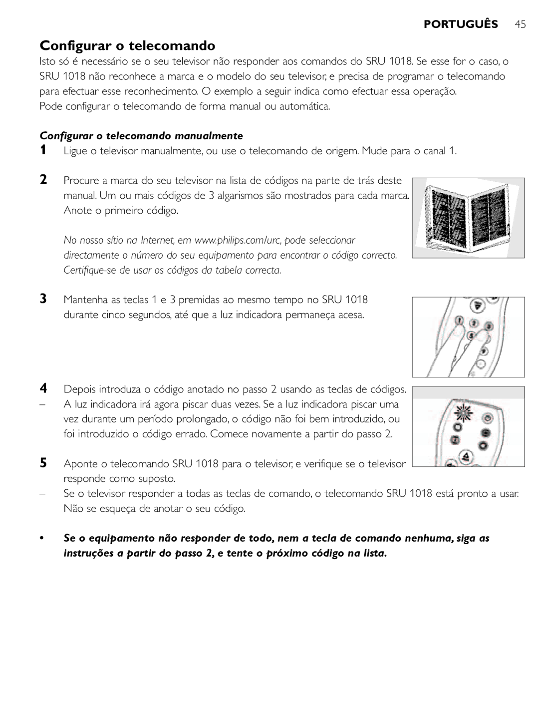 Philips SRU 1018 Configurar o telecomando, Pode configurar o telecomando de forma manual ou automática 