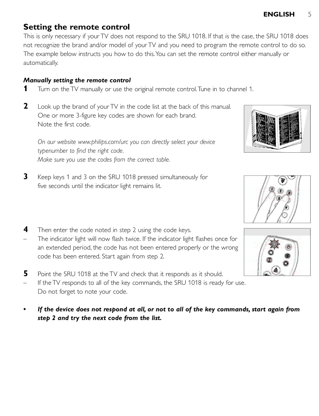 Philips SRU 1018 manual Setting the remote control, Manually setting the remote control 