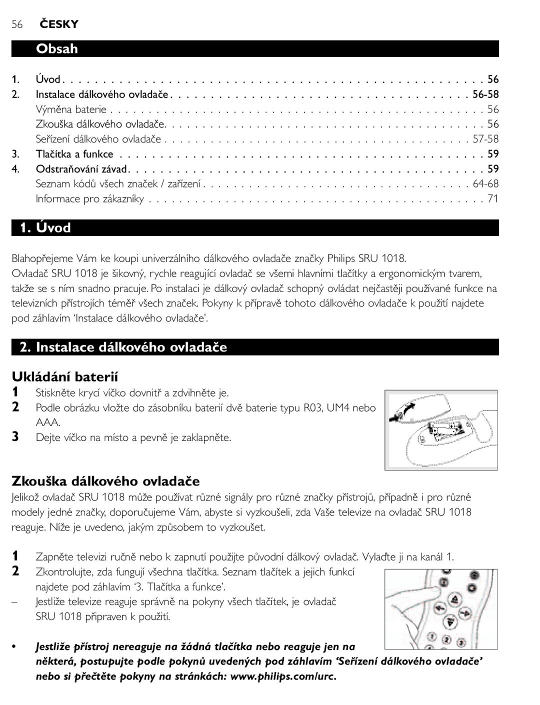 Philips SRU 1018 manual Obsah, Úvod, Instalace dálkového ovladače, Ukládání baterií, Zkouška dálkového ovladače 