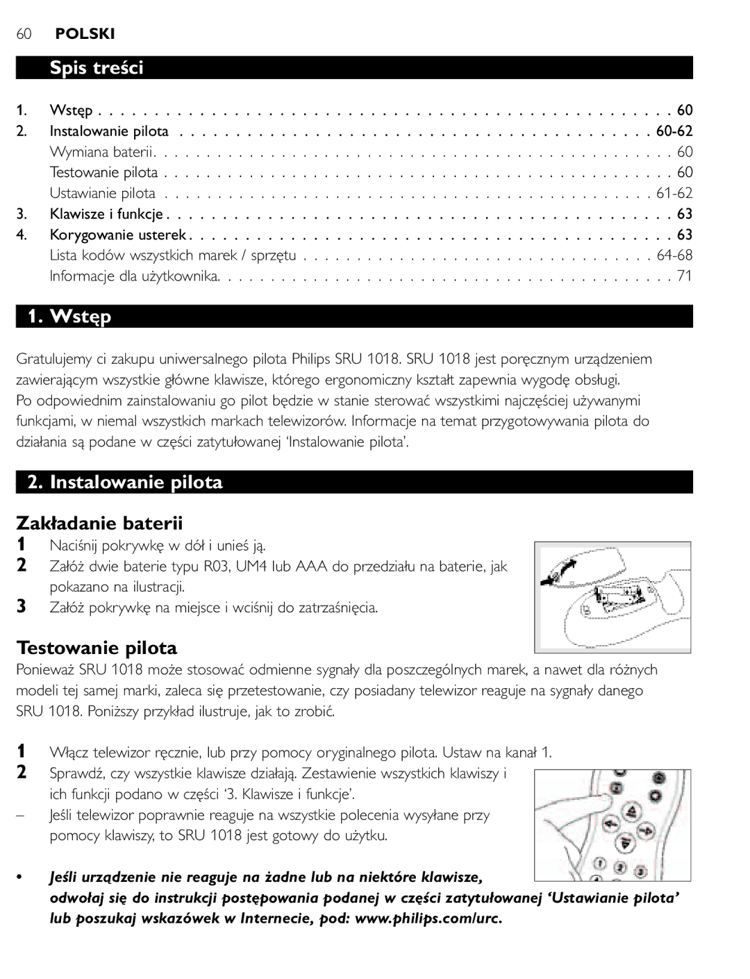 Philips SRU 1018 manual Spis treści, Wstęp, Instalowanie pilota, Zakładanie baterii, Testowanie pilota 