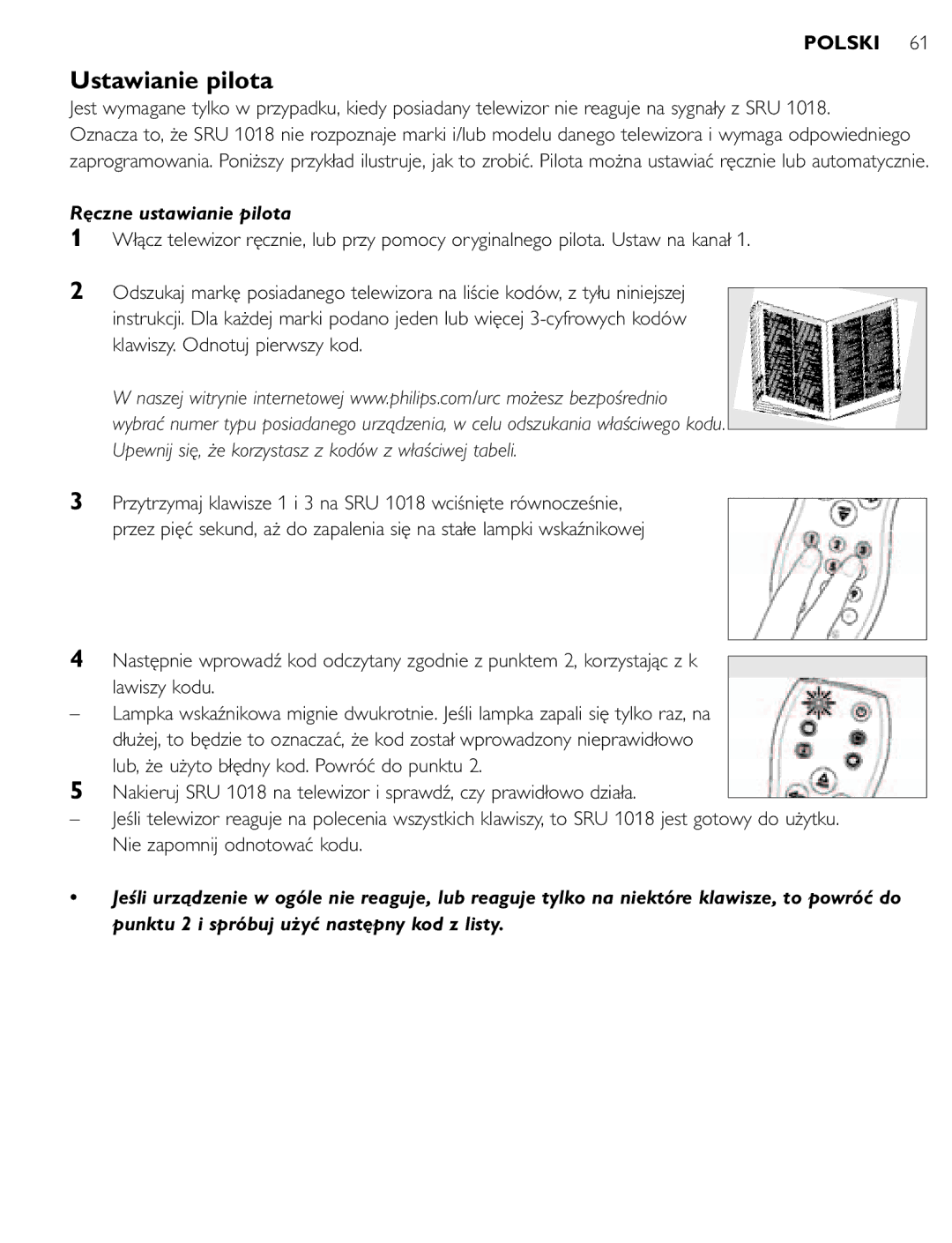 Philips SRU 1018 manual Ustawianie pilota, Ręczne ustawianie pilota 