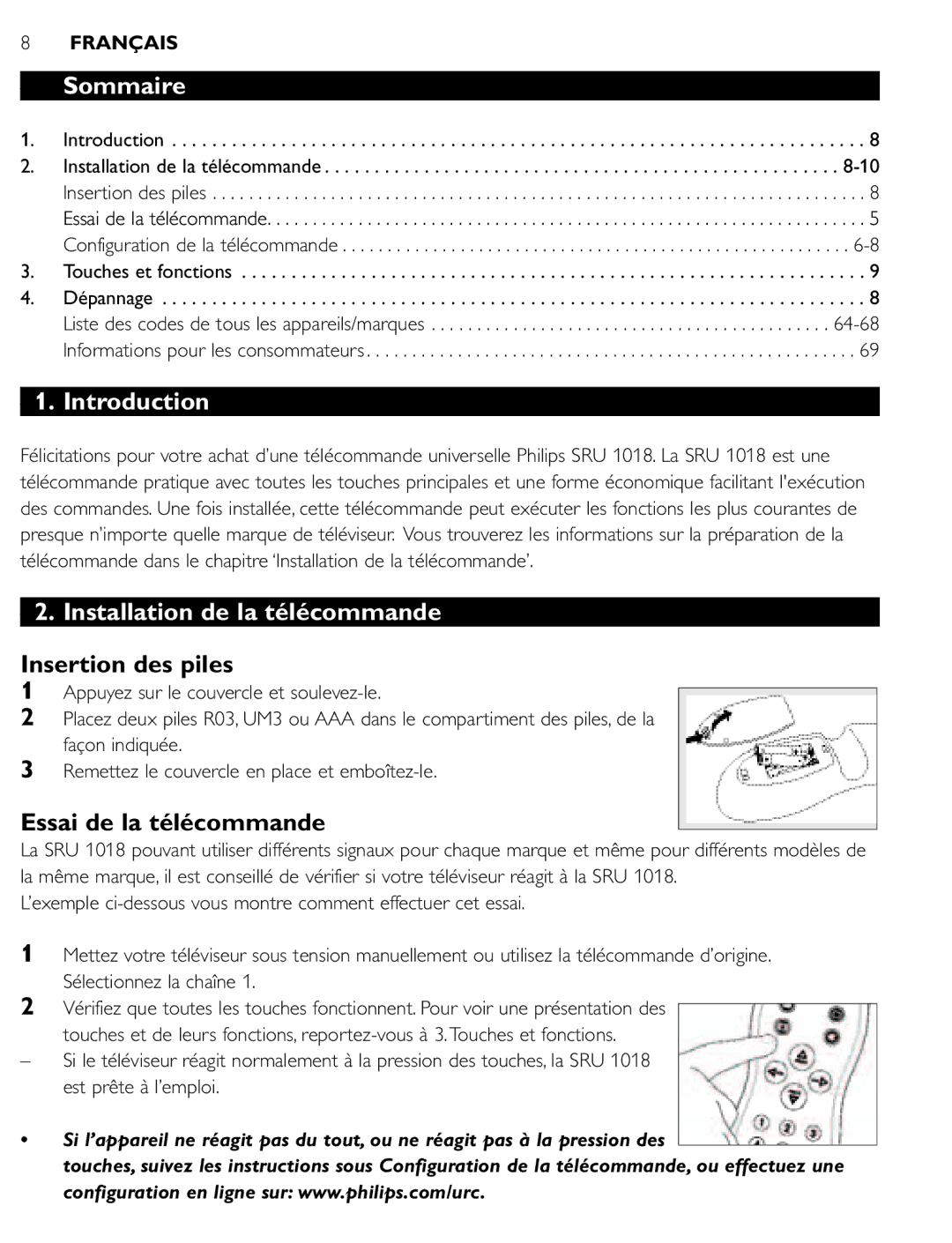 Philips SRU 1018 manual Sommaire, Installation de la télécommande, Insertion des piles, Essai de la télécommande 