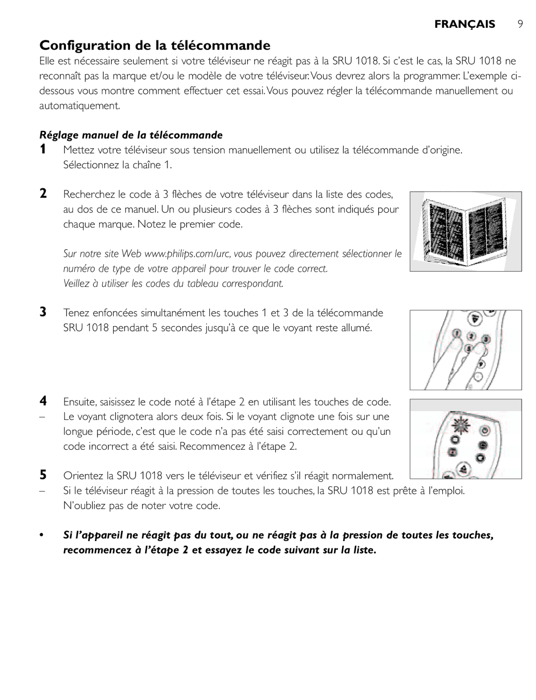 Philips SRU 1018 manual Configuration de la télécommande, Réglage manuel de la télécommande 