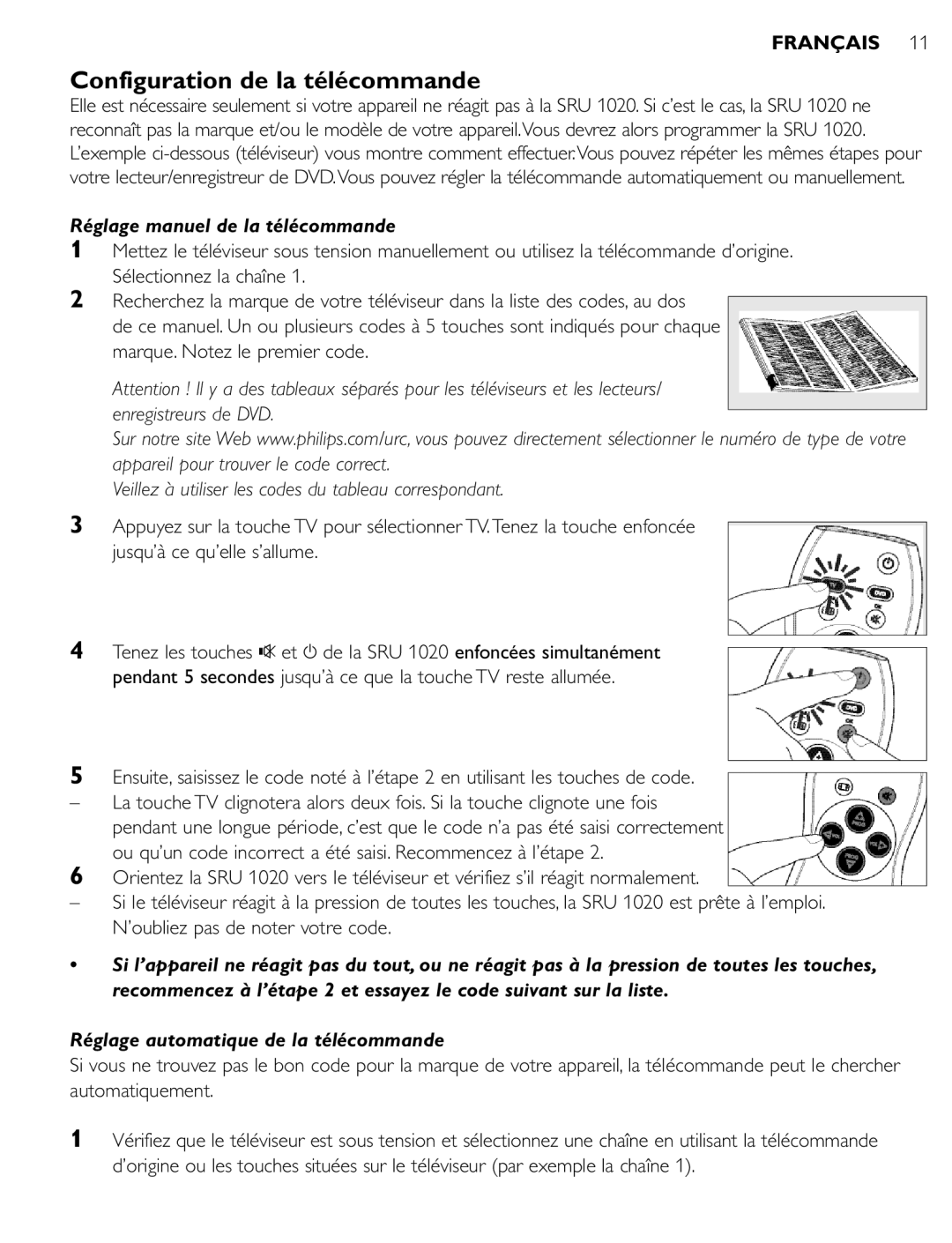 Philips SRU 1020 manual Configuration de la télécommande, Réglage manuel de la télécommande 