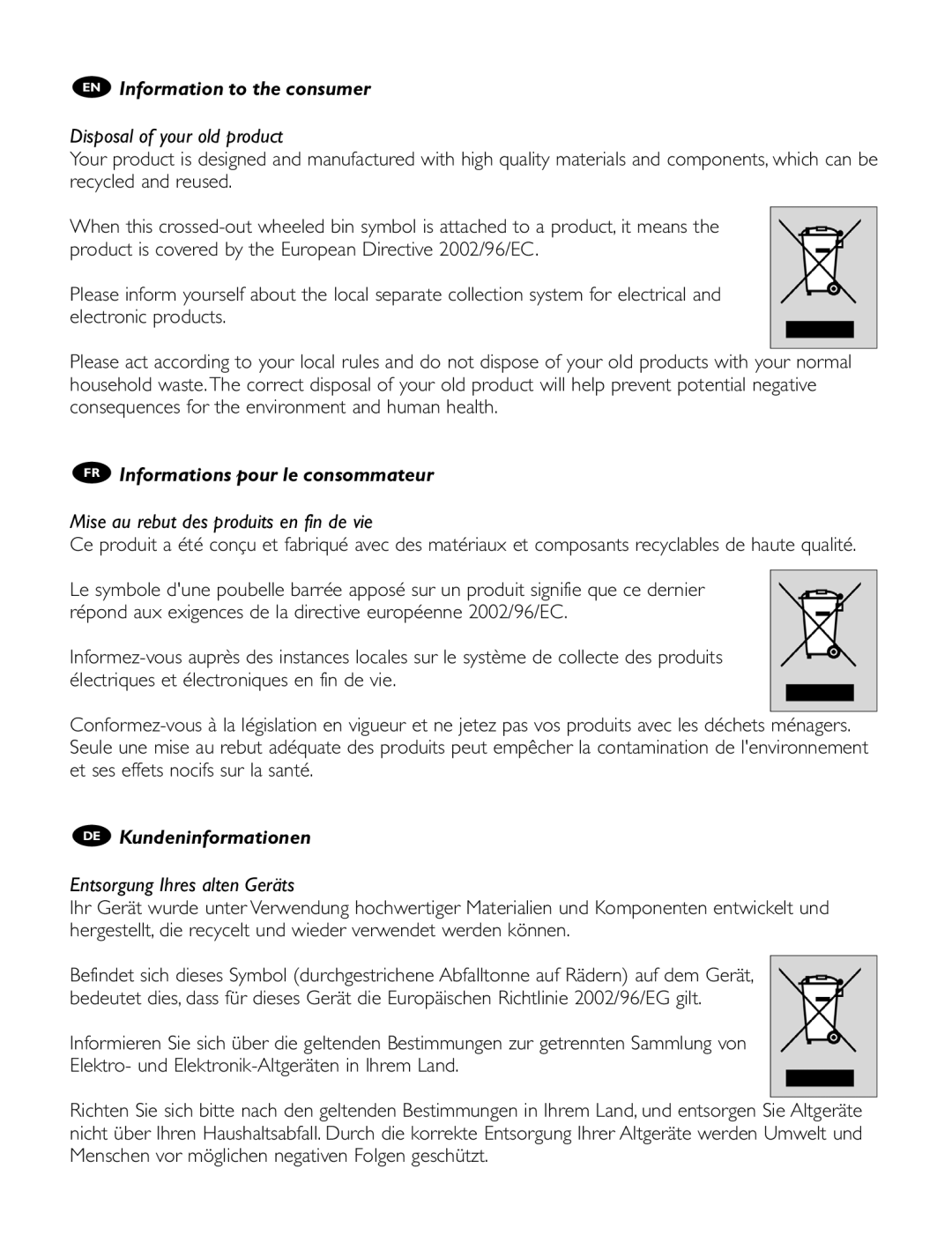 Philips SRU 1020 manual EN Information to the consumer, FR Informations pour le consommateur, DE Kundeninformationen 