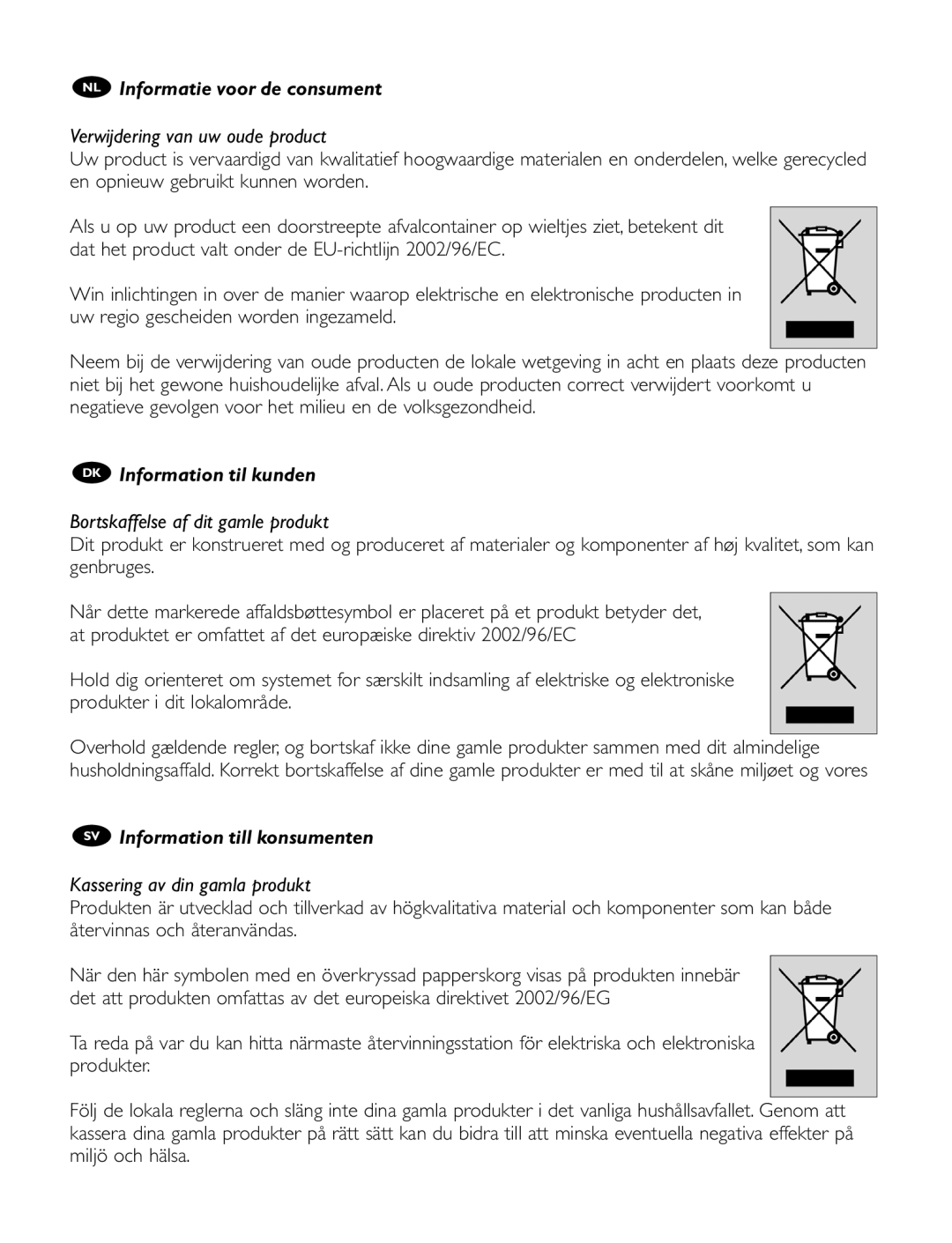 Philips SRU 1020 manual NL Informatie voor de consument, DK Information til kunden, SV Information till konsumenten 