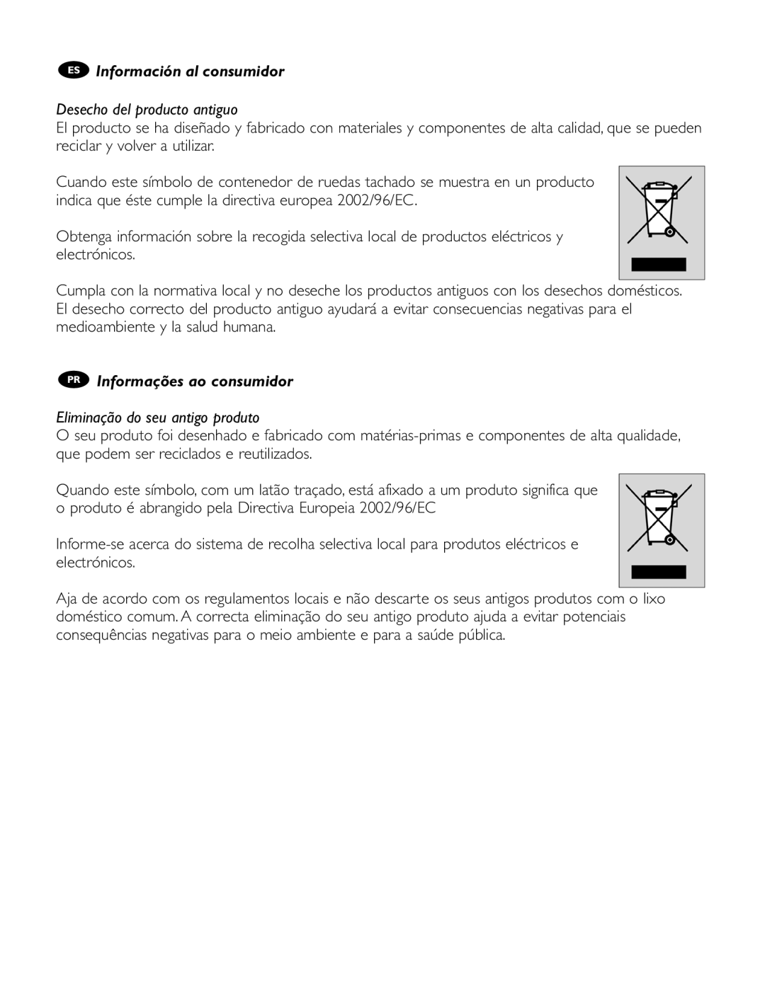 Philips SRU 1020 manual ES Información al consumidor, Desecho del producto antiguo, PR Informações ao consumidor 