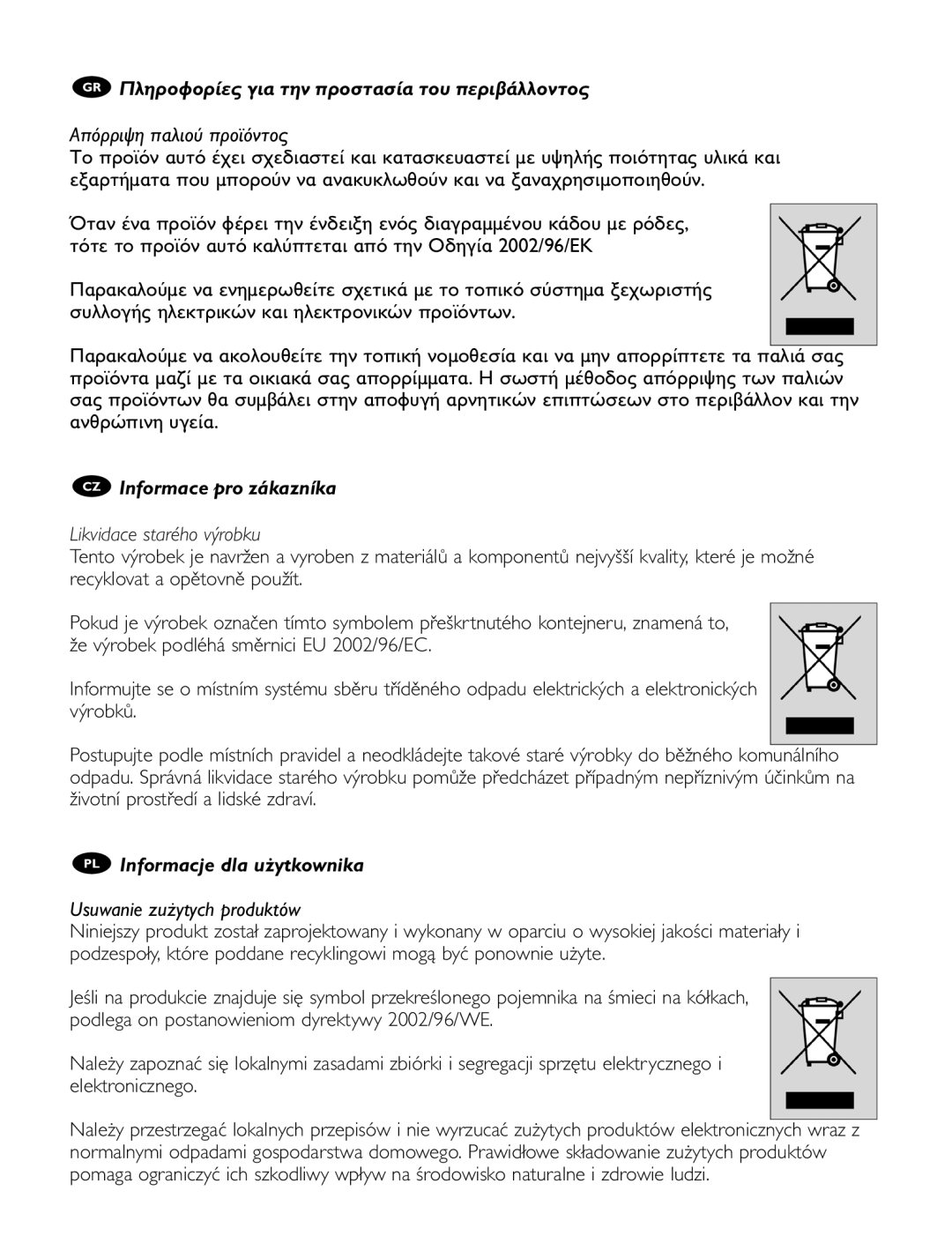 Philips SRU 1020 manual Od 2002/96, Likvidace starého výrobku, PL Informacje dla użytkownika, Usuwanie zużytych produktów 