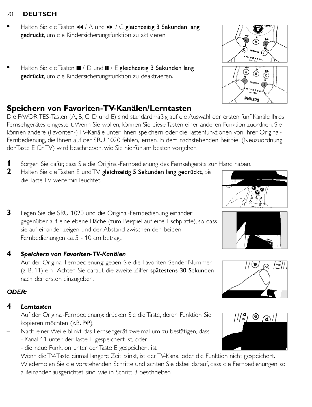 Philips SRU 1020 manual Speichern von Favoriten-TV-Kanälen/Lerntasten 